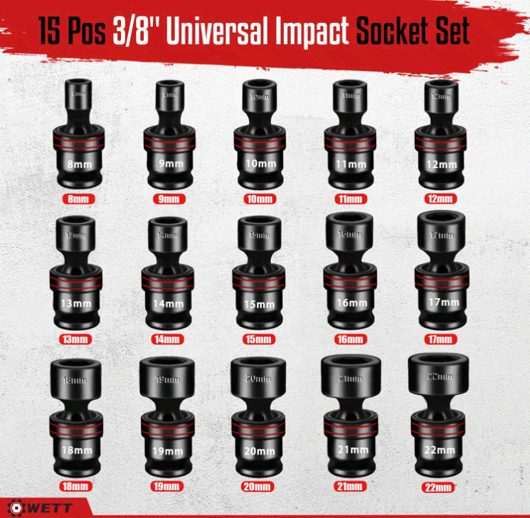 15PC 3/8″ Drive Impact Universal Joint Swivel Socket Set Metric 8-22mm