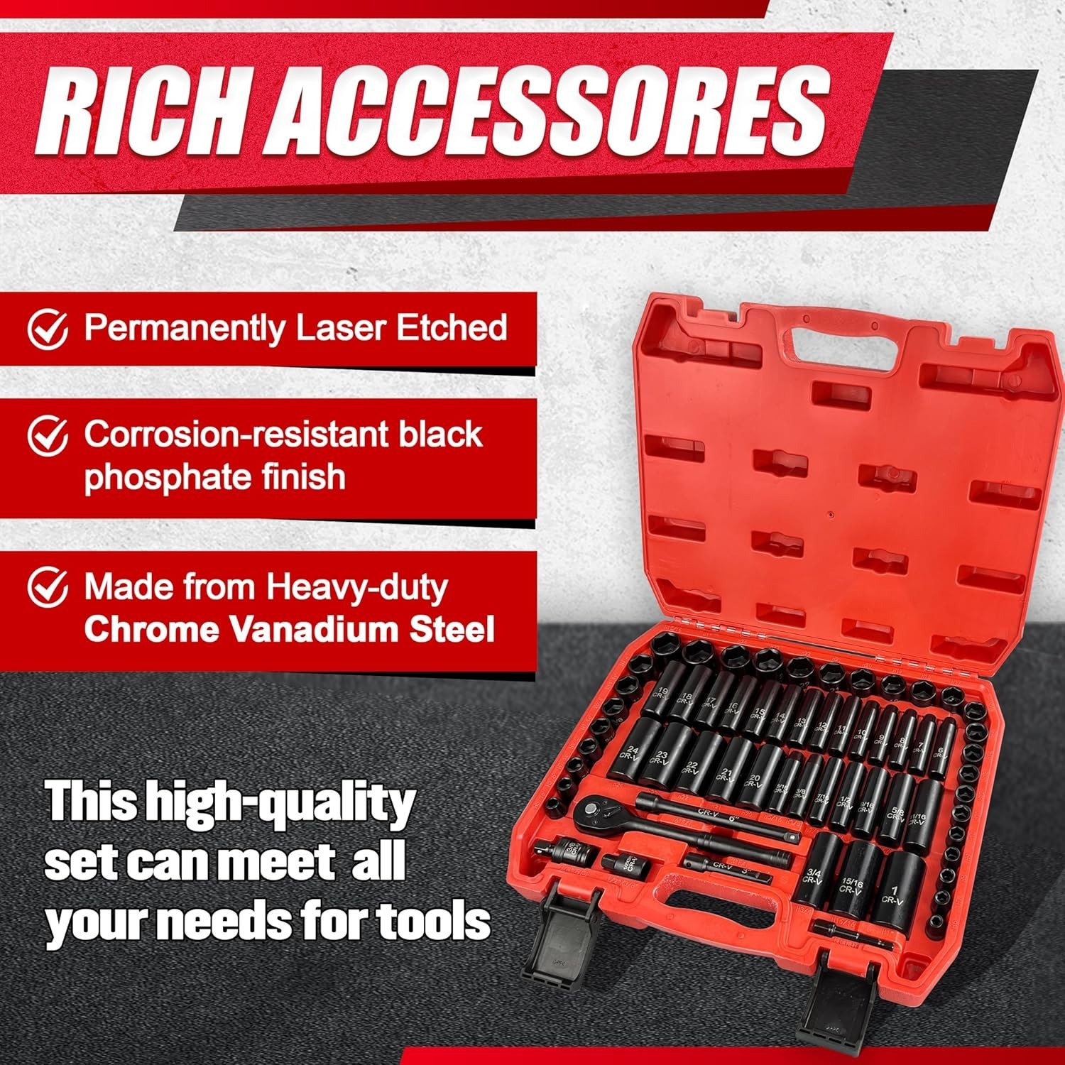 64pcs 3/8″ Socket Set,Drive Impact Socket Set, SAE/Metric, Deep Cr-V Steel, 6 Po