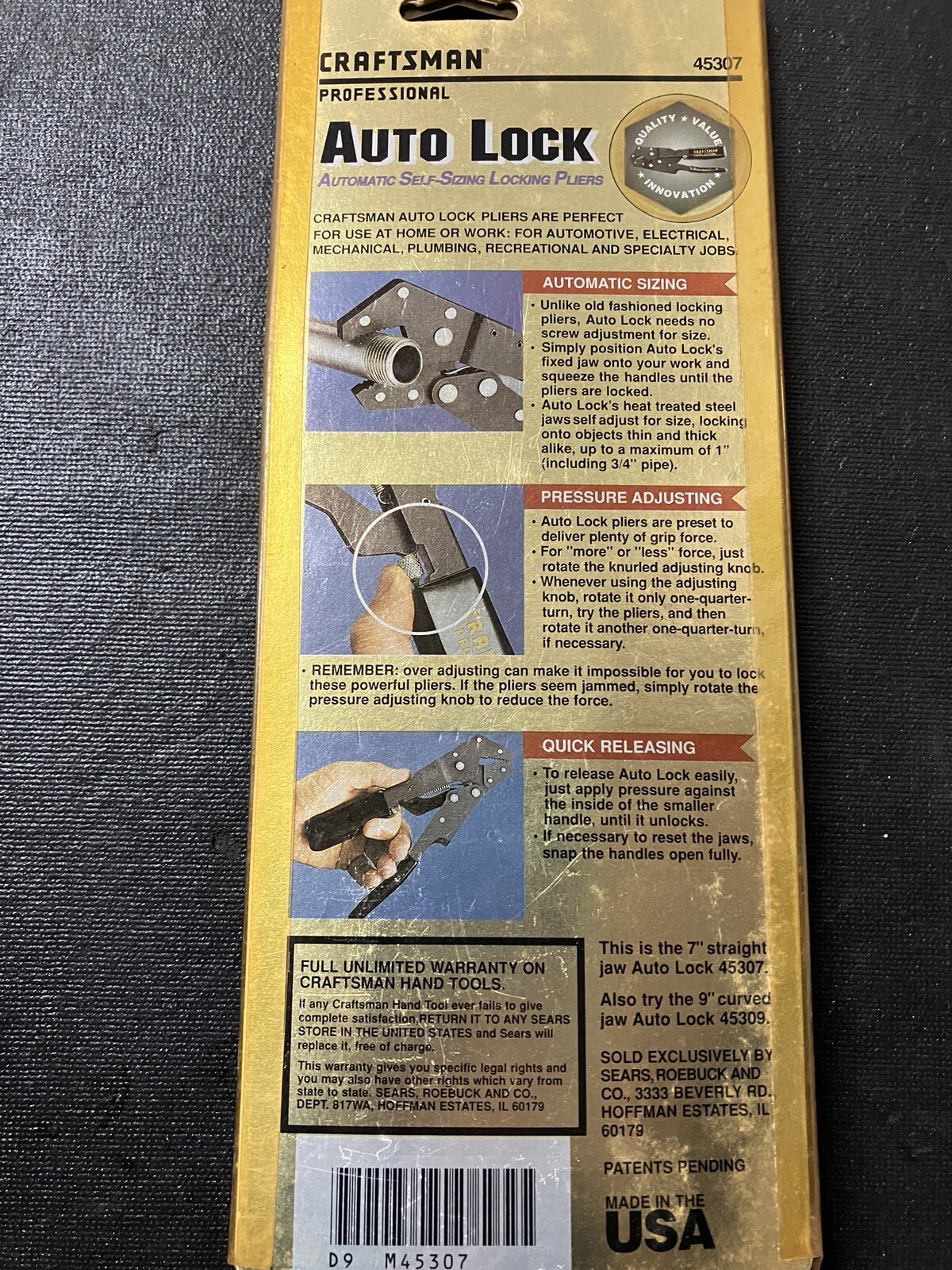 NOS Sears Craftsman Professional 7″ Auto Lock Pliers 45307 Made in USA