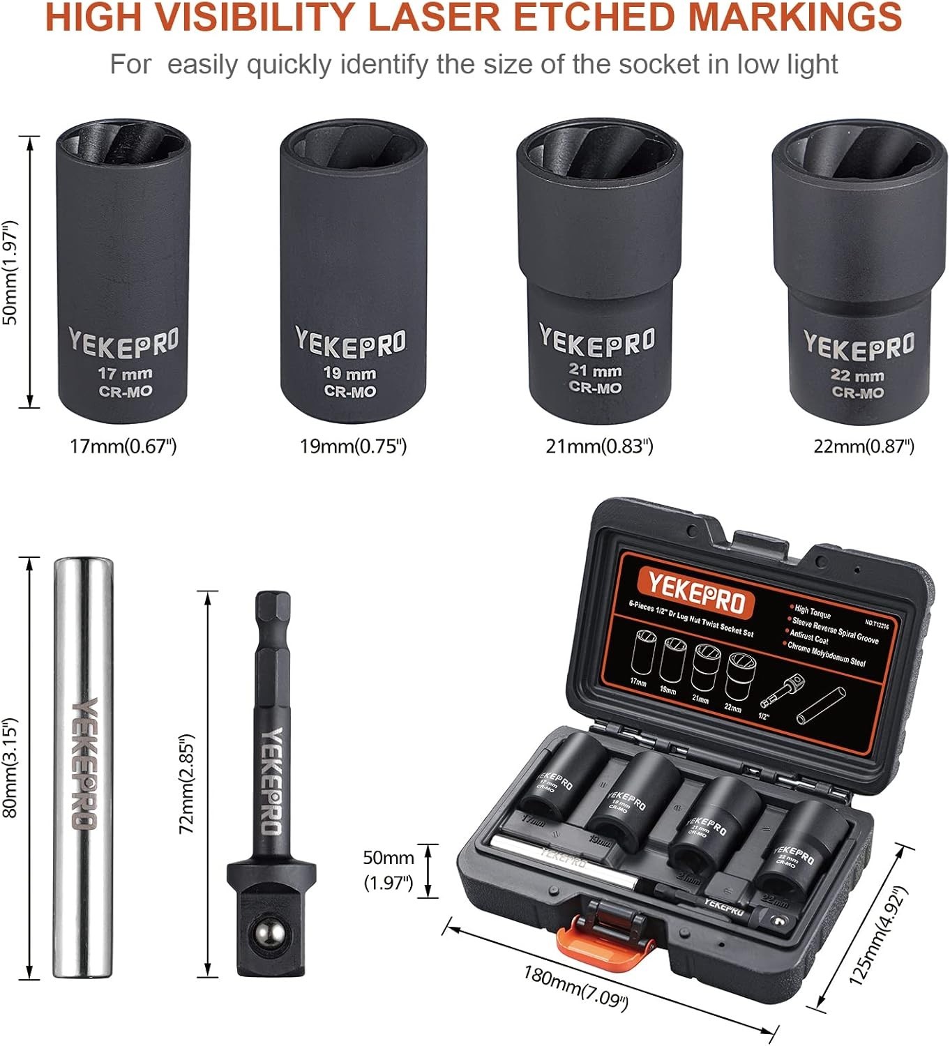 6-Piece Lug Nut Extractor Set: 1/2-Inch Drive Chrome Molybdenum Steel Kit