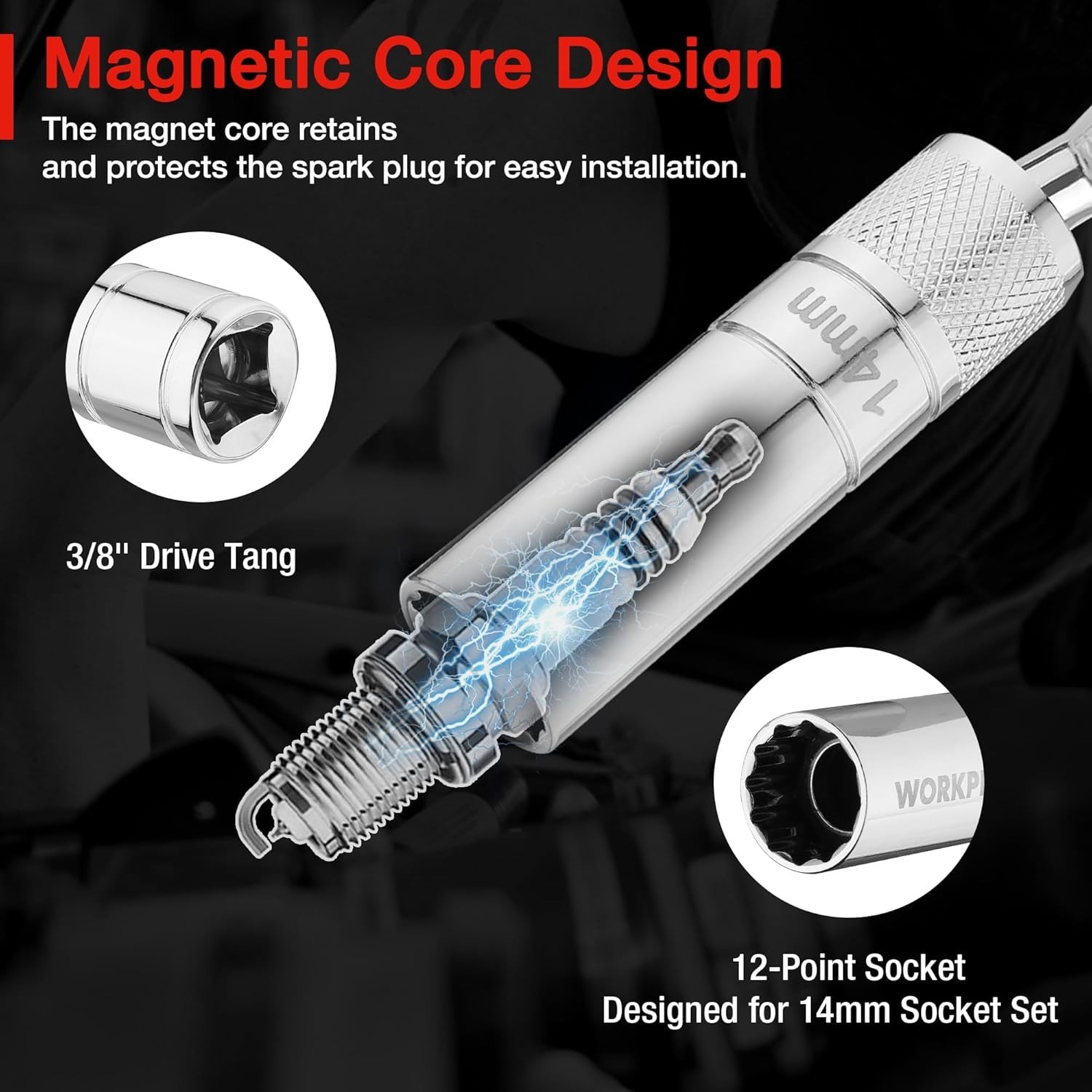 3PC 14mm Spark Plug Socket Set with Magnetic Swivel and 6-10 Inch Extensions