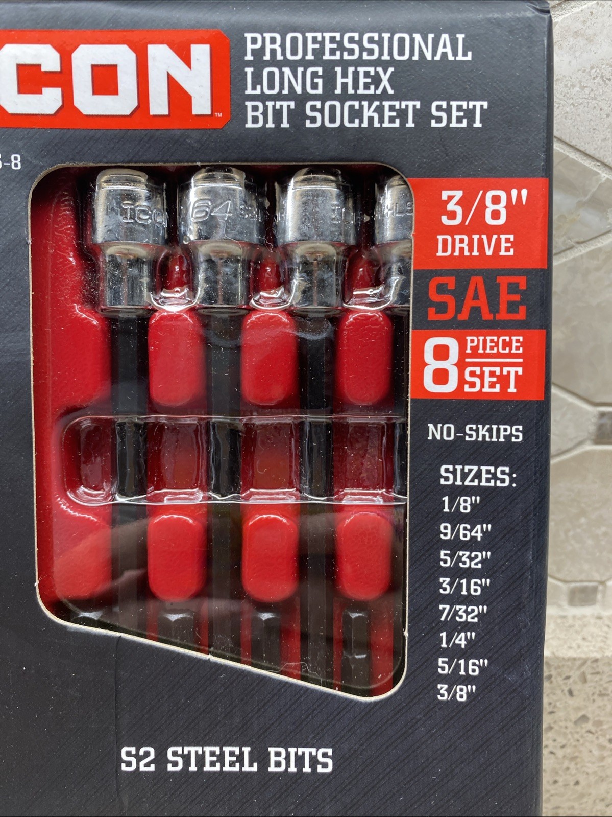 NEW ICON 3/8” Drive SAE Long Hex Bit Socket Set 8-Piece S2HS-8 59754
