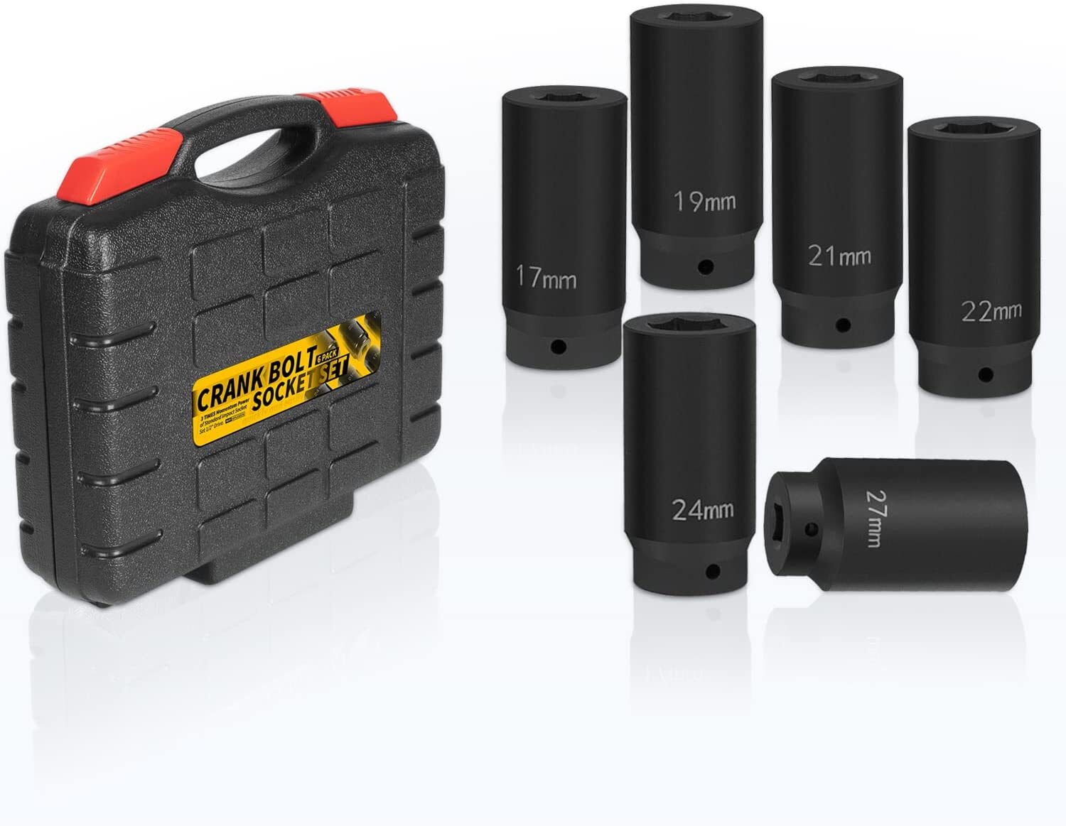 6 Pack 1/2’’ Drive Crank Bolt Socket Set, 17MM, 19MM, 21MM, 22MM, 24MM, 27MM