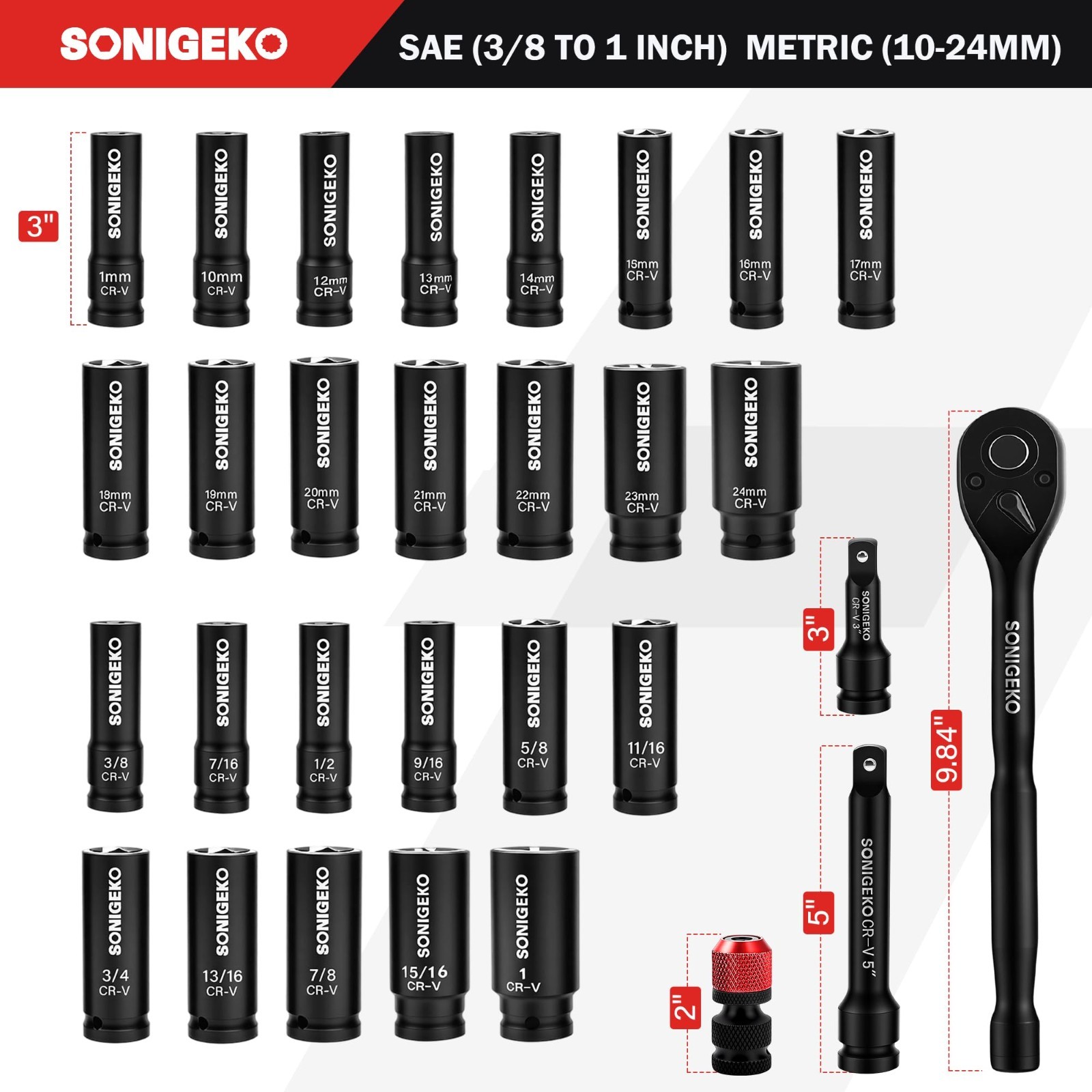 30-Piece 1/2″ Drive Impact Socket Set – Deep SAE & Metric CR-V Steel, Extensions
