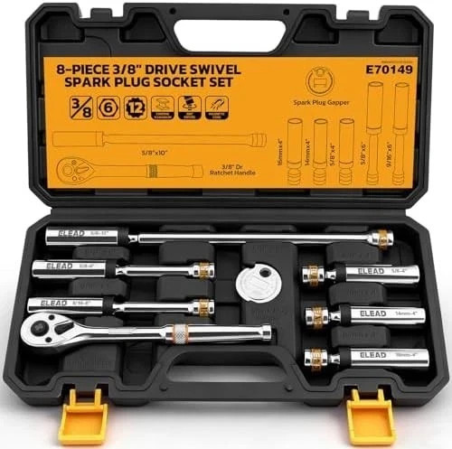 ELEAD 8-Piece 3/8″ Drive Magnetic Swivel Spark Plug Socket Set, 5/8″, 9/16″, 14m