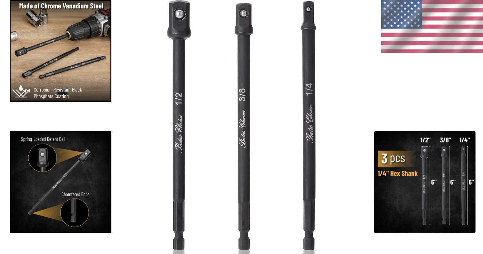 Durable 6-Inch Socket Adapter Set with Secure Fit – 1/4, 3/8, 1/2 Compatibility