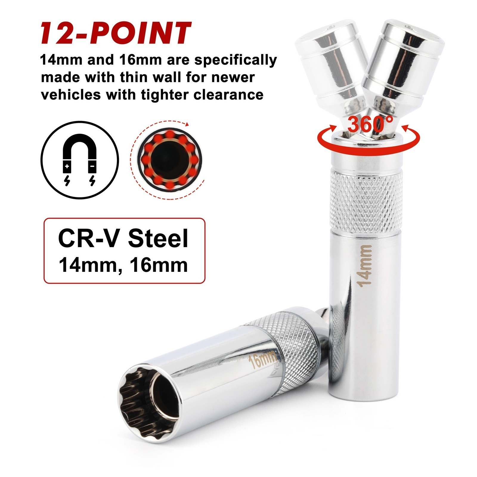 10PCS 3/8″Drive Magnetic Spark Plug Socket Set 6PT&12PT Extension Bar CR-V Steel