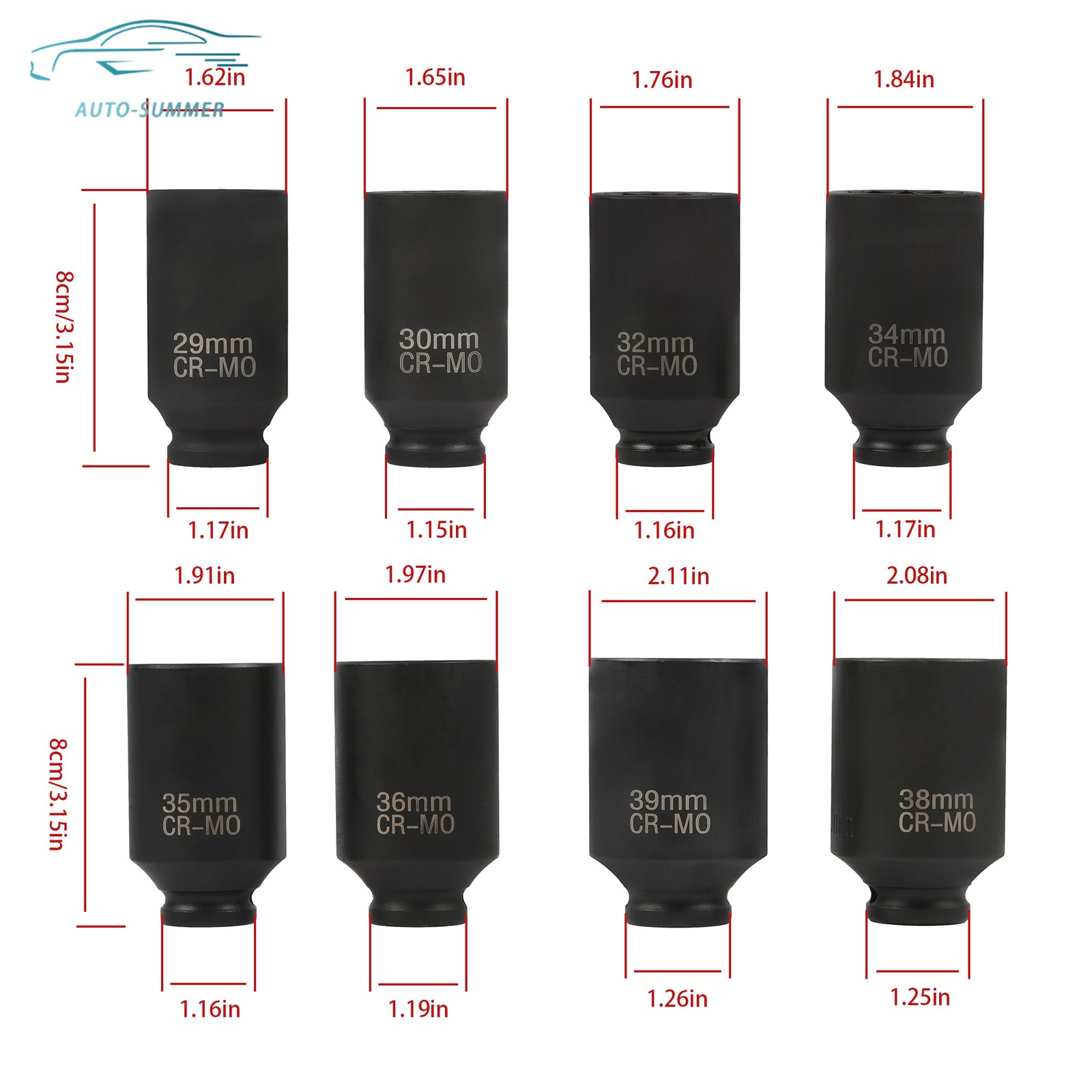 8PCS 1/2″ Deep Spindle Axle Nut Impact Socket Set 12 Point Metric Large Socket