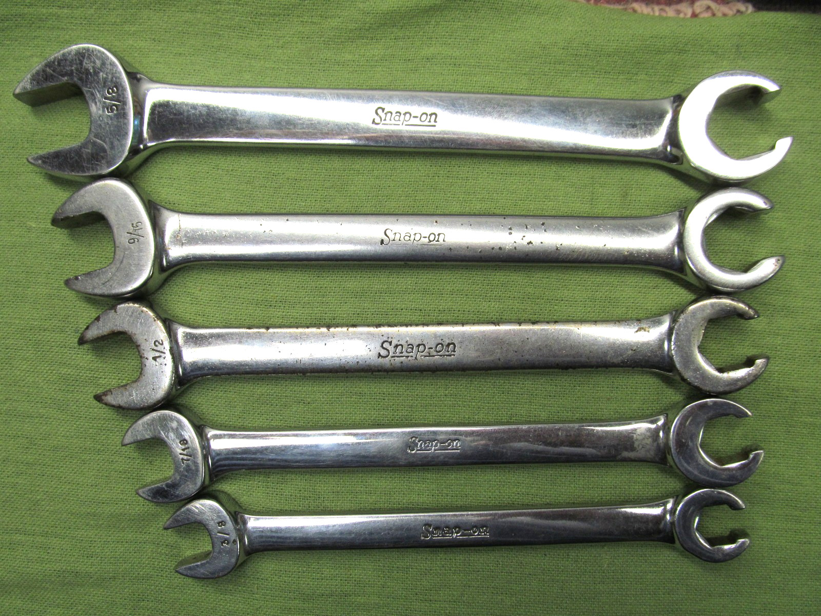 Set of 5 Vtg. Snap-on Underline 6pt Flare / Open End Wrench Set – 3/8″ thru 5/8″