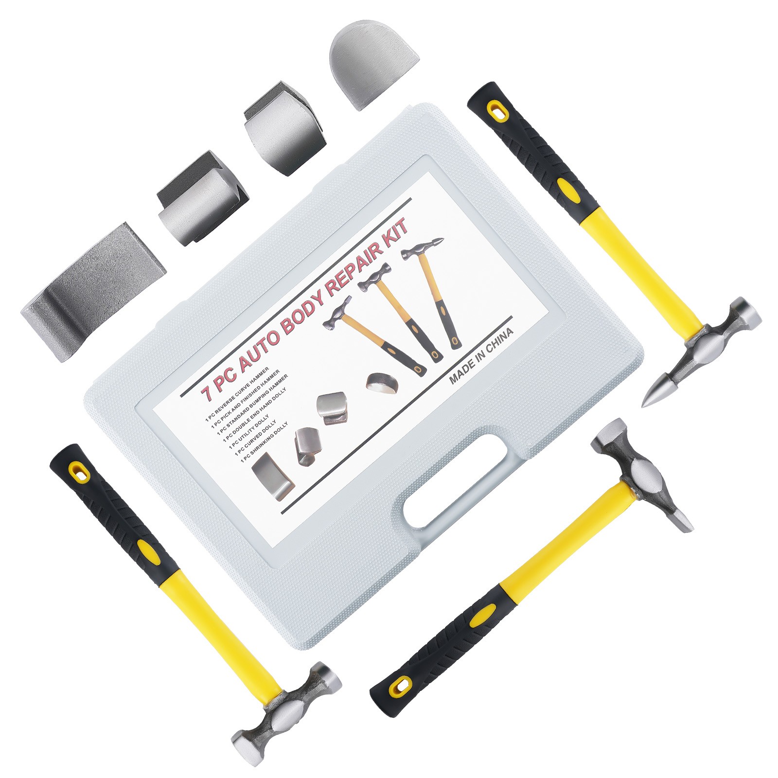 7 Piece Car Panel Tool Set Auto Body Hammer Dolly Kit Dent Repair Steel