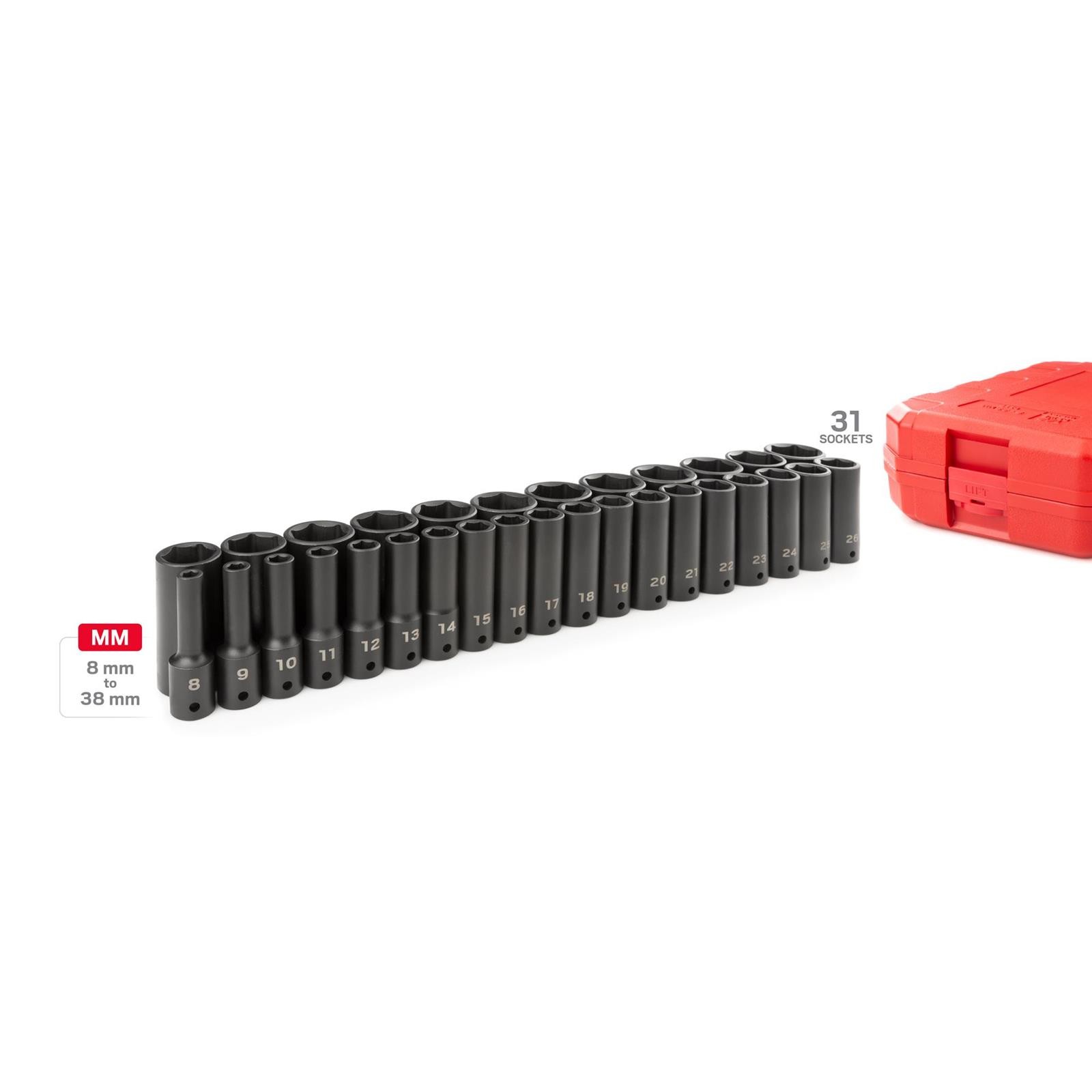 Tekton SID92335 1/2″ Drive Deep 6-Point Impact Sockets, 31-Piece