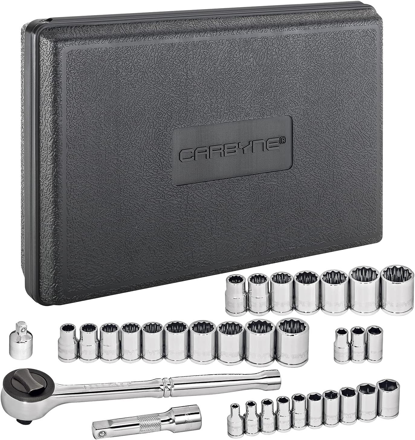 CARBYNE 1/4″ & 3/8″ Drive Socket & Ratchet Set – 34 Piece | SAE & One Size