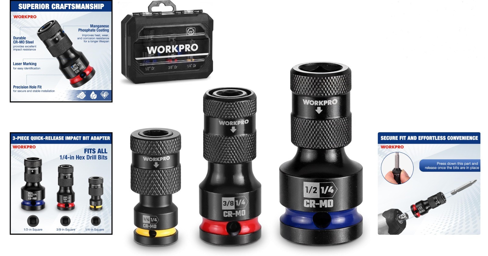 Impact Socket Adapter Set 1/4, 3/8, 1/2 inch Chrome Molybdenum Steel