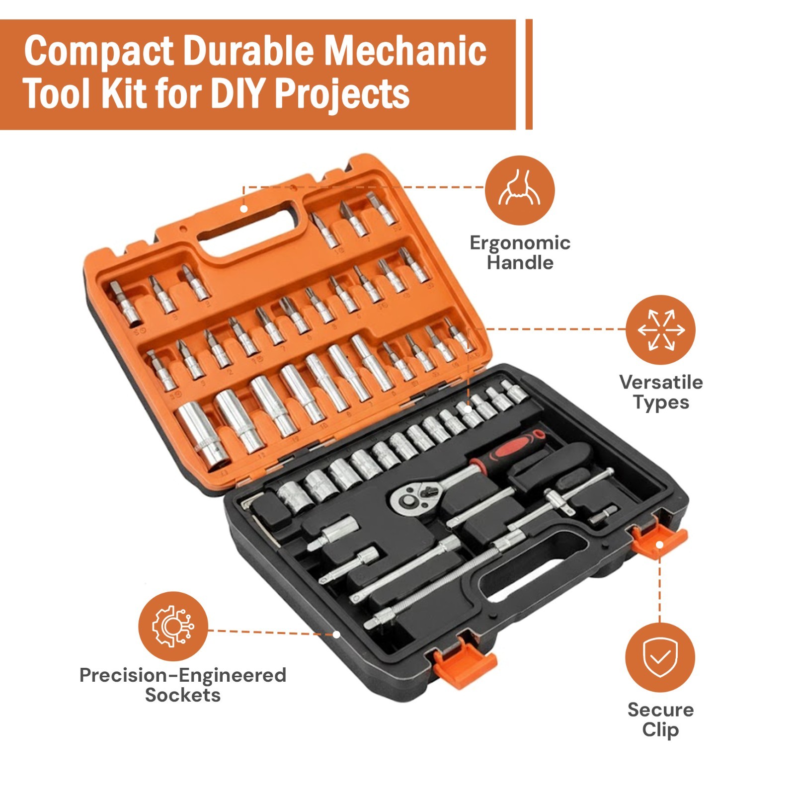 53Pcs Socket Wrench & Ratchet Tool Set Galvanized Carbon Steel Tool Kit