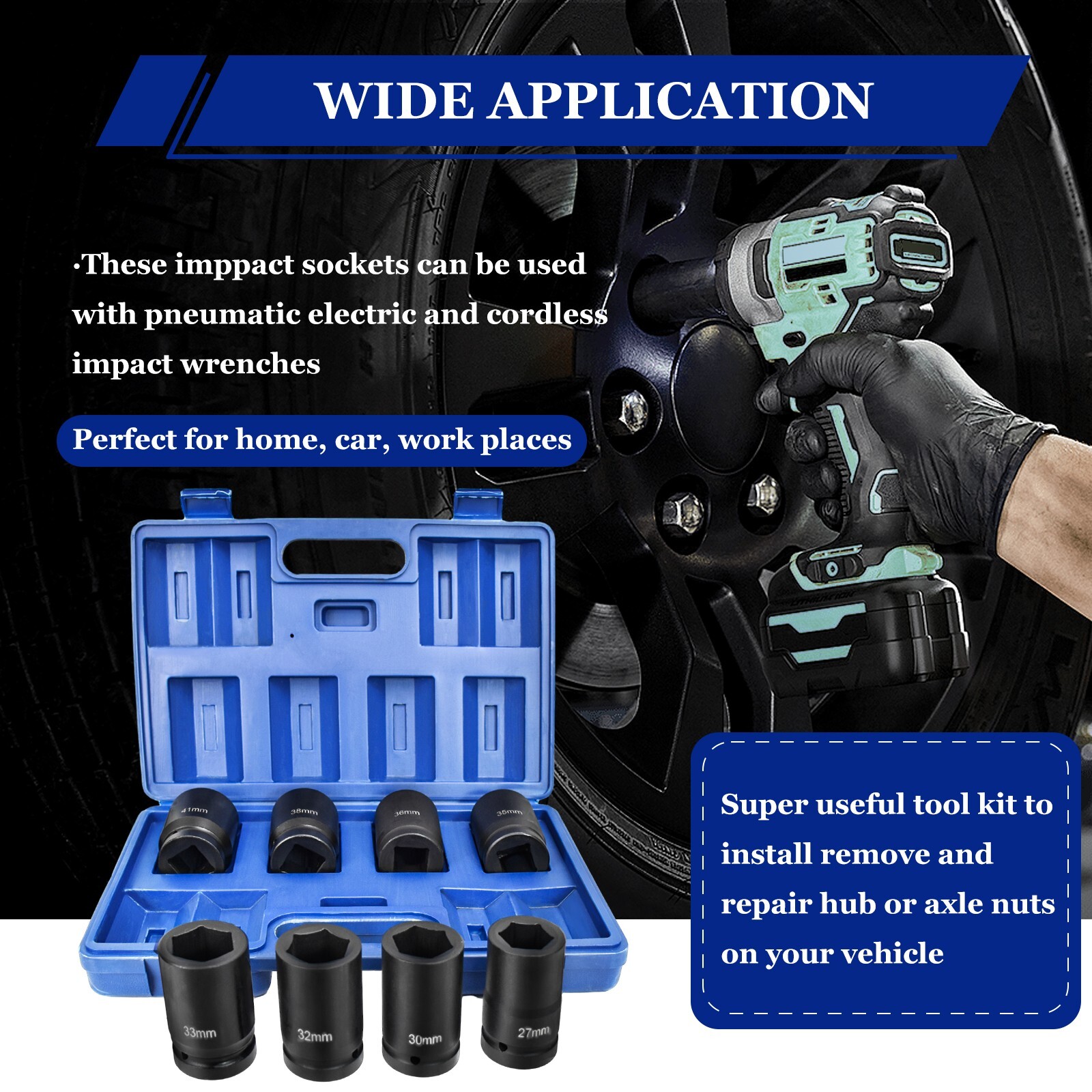 8 PC 1″ ONE INCH DRIVE DR LARGE SIZE AIR BLACK IMPACT SOCKET WRENCH TOOL SET MM