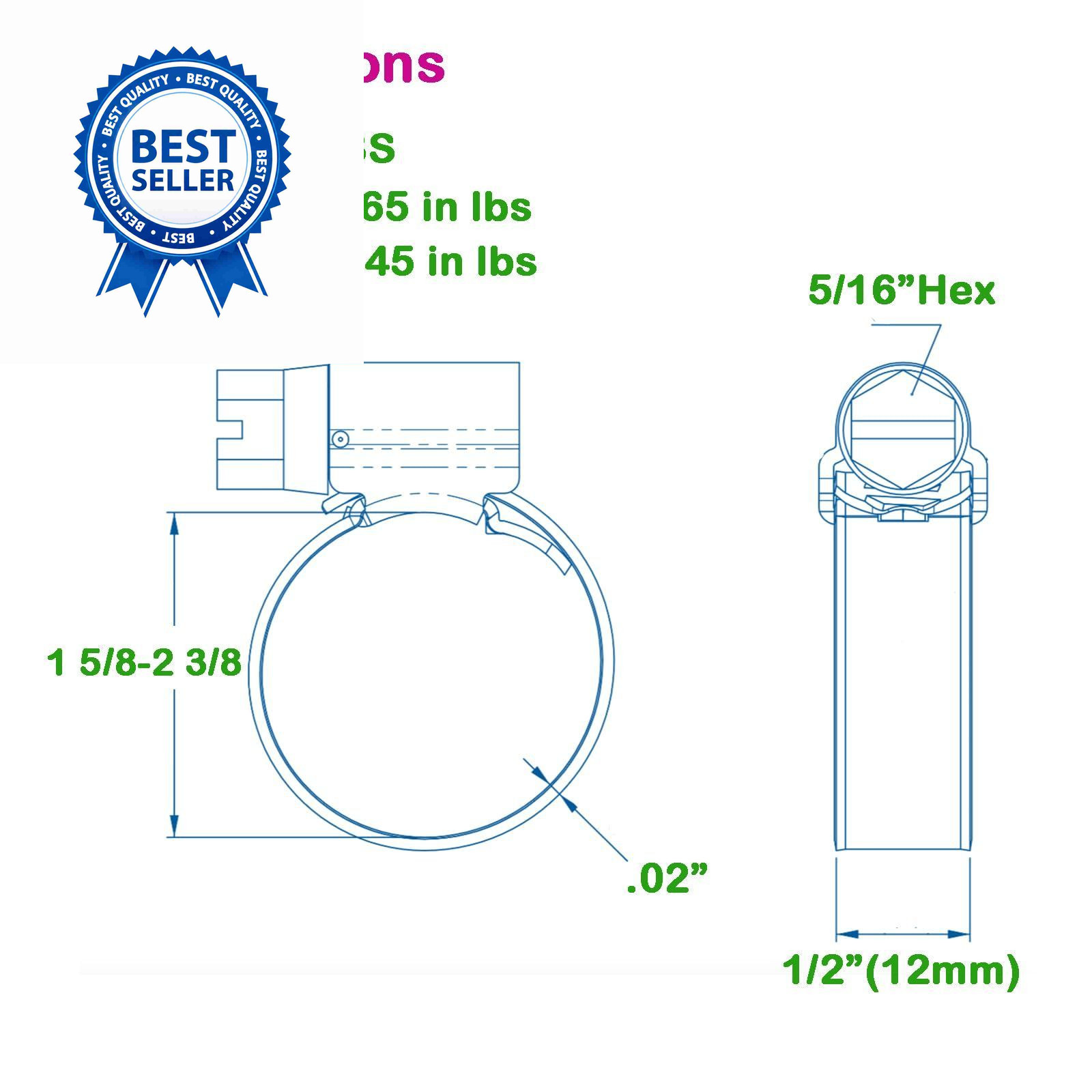 Non-Slip Stainless Steel Worm Gear Hose SAE#28(1-5/8 To 2-3/8), Metallic