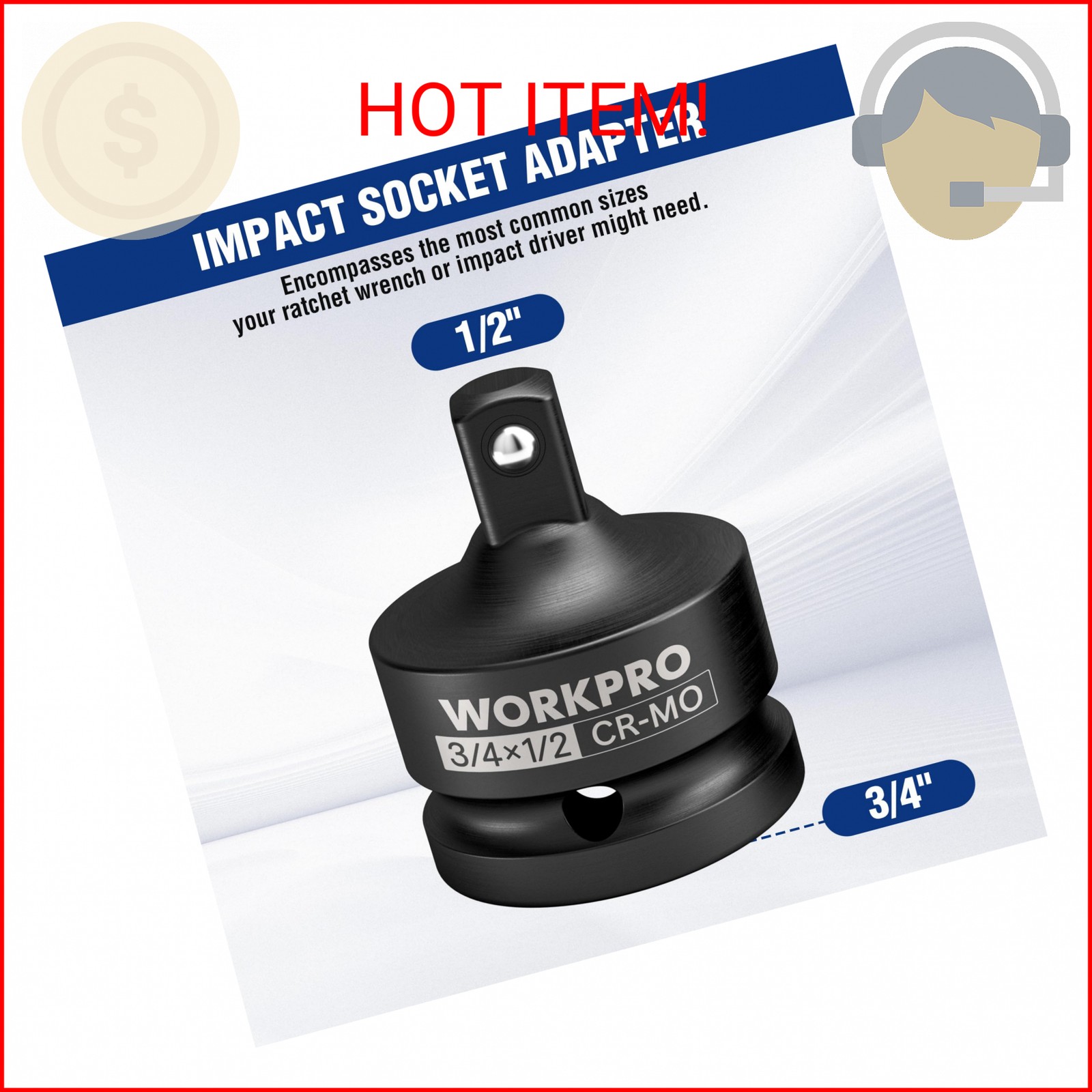 WORKPRO 3/4″ F to 1/2″ M Impact Socket Adapter, Cr-Mo Steel, Socket Adapter Set