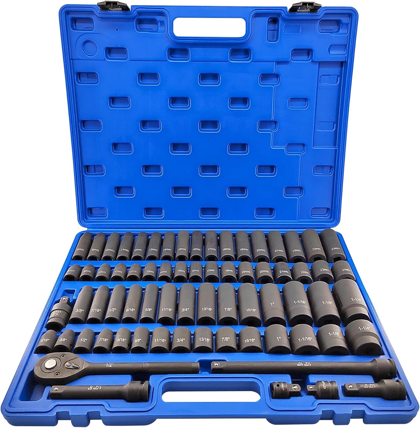 70pcs 1/2″ Drive Impact Socket Set, Cr-V Steel, SAE & Metric, Standard/Deep S…