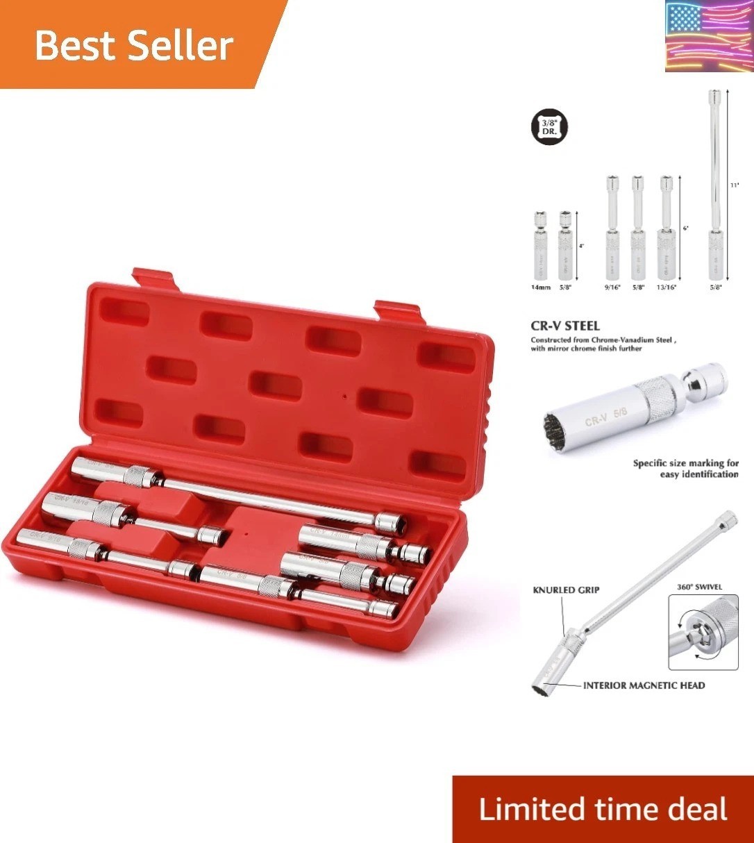 6PCS 3/8″ Drive Magnetic Swivel Spark Plug Socket Set, 12 Point, CR-V, Extens../