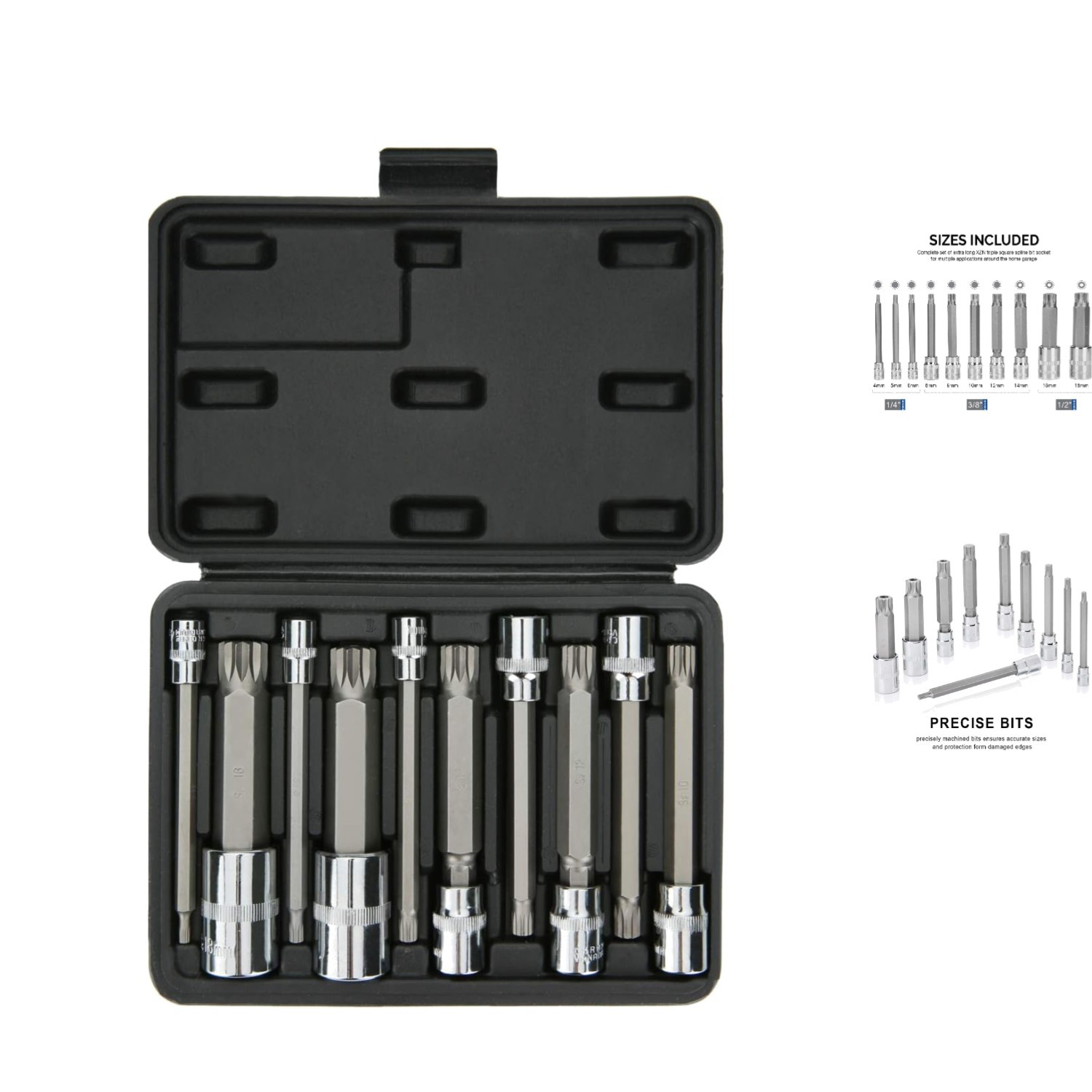 10-Piece XZN Triple Square Bit Socket Set | 1/4″, 3/8″, 1/2″ Drive – Extra Long