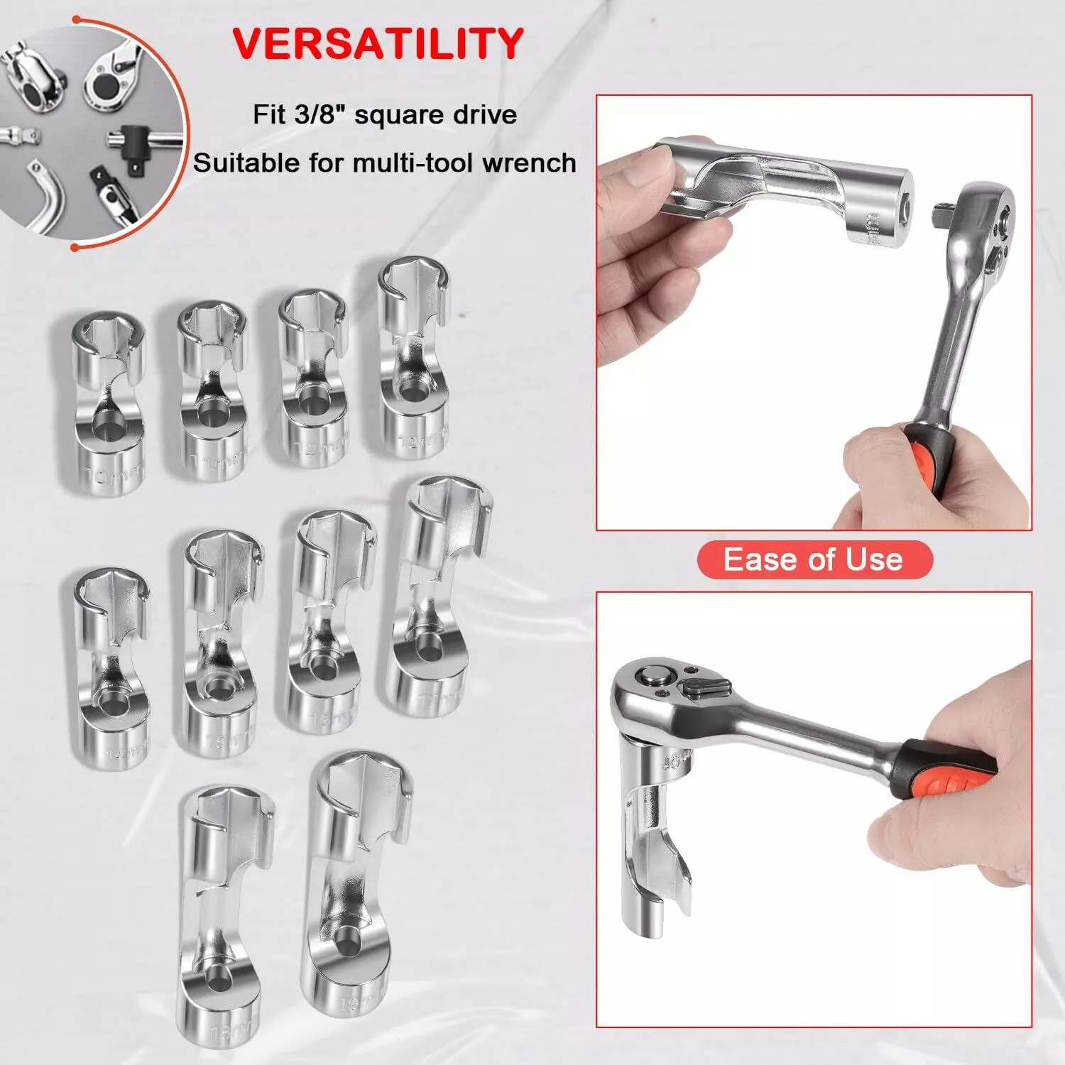12030 Flare Nut Socket Set 3/8″ Drive Fuel Line Socket Wrench 10mm-19mm 10PCS
