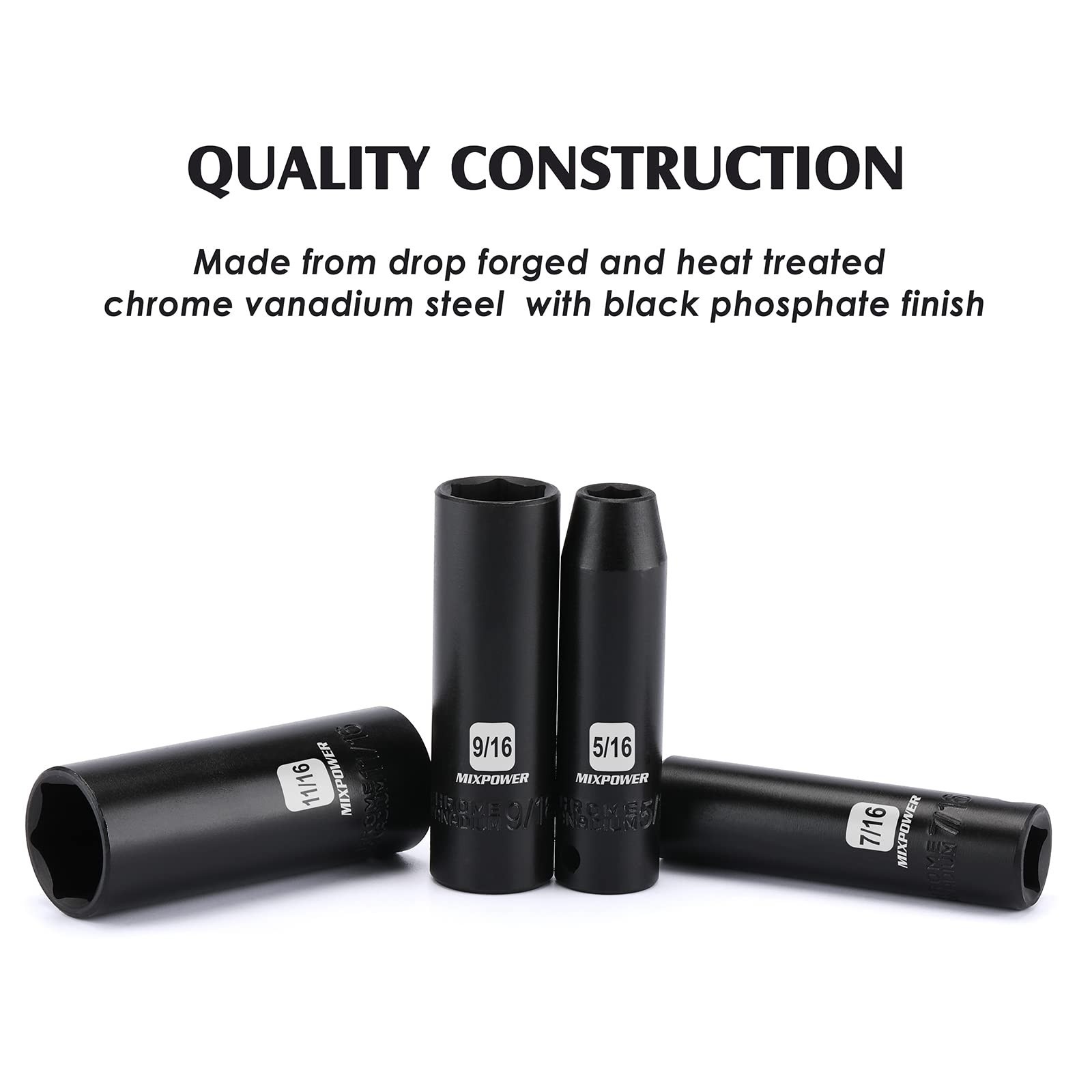 12-Piece 3/8″ Drive Deep Impact Socket Set, SAE 6-Point, CR-V, 5/16″-1″ Sizes
