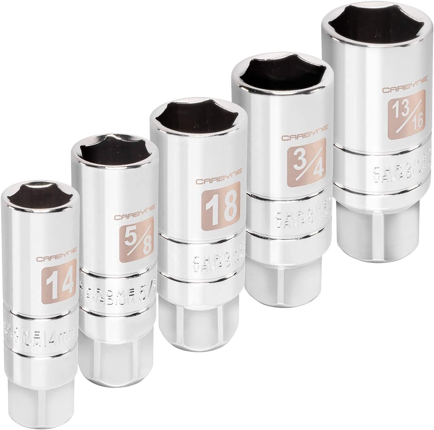 CARBYNE 5 Piece Spark Plug Socket Set 14mm, 3/8 5/8 3/4 13/16 in Drive SAE & M