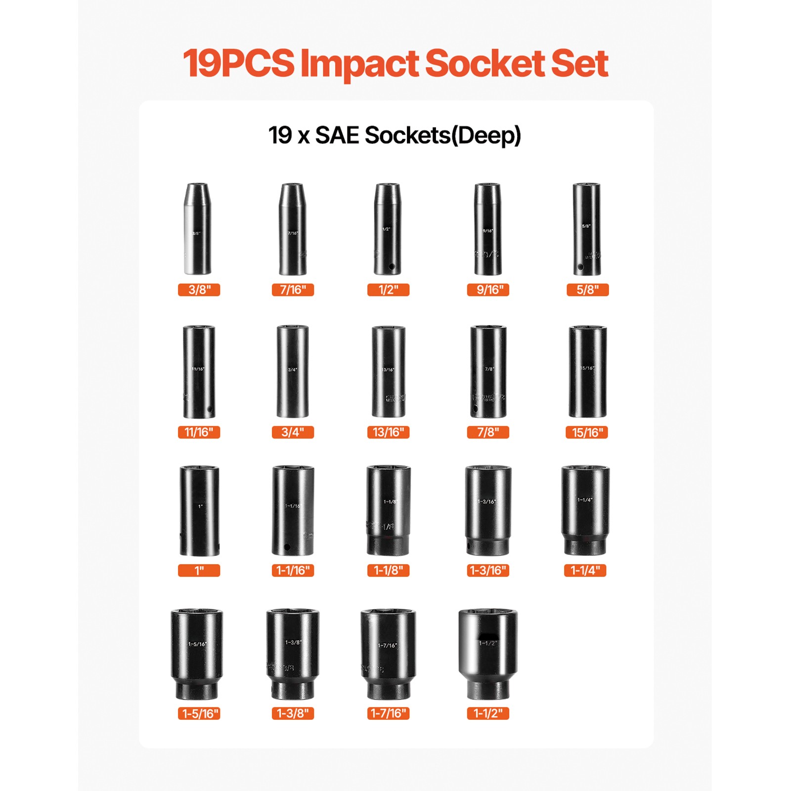 VEVOR 19 Pcs Impact Socket Set 1/2 Inch Drive 3/8 inch to 1-1/2 inch Deep Length