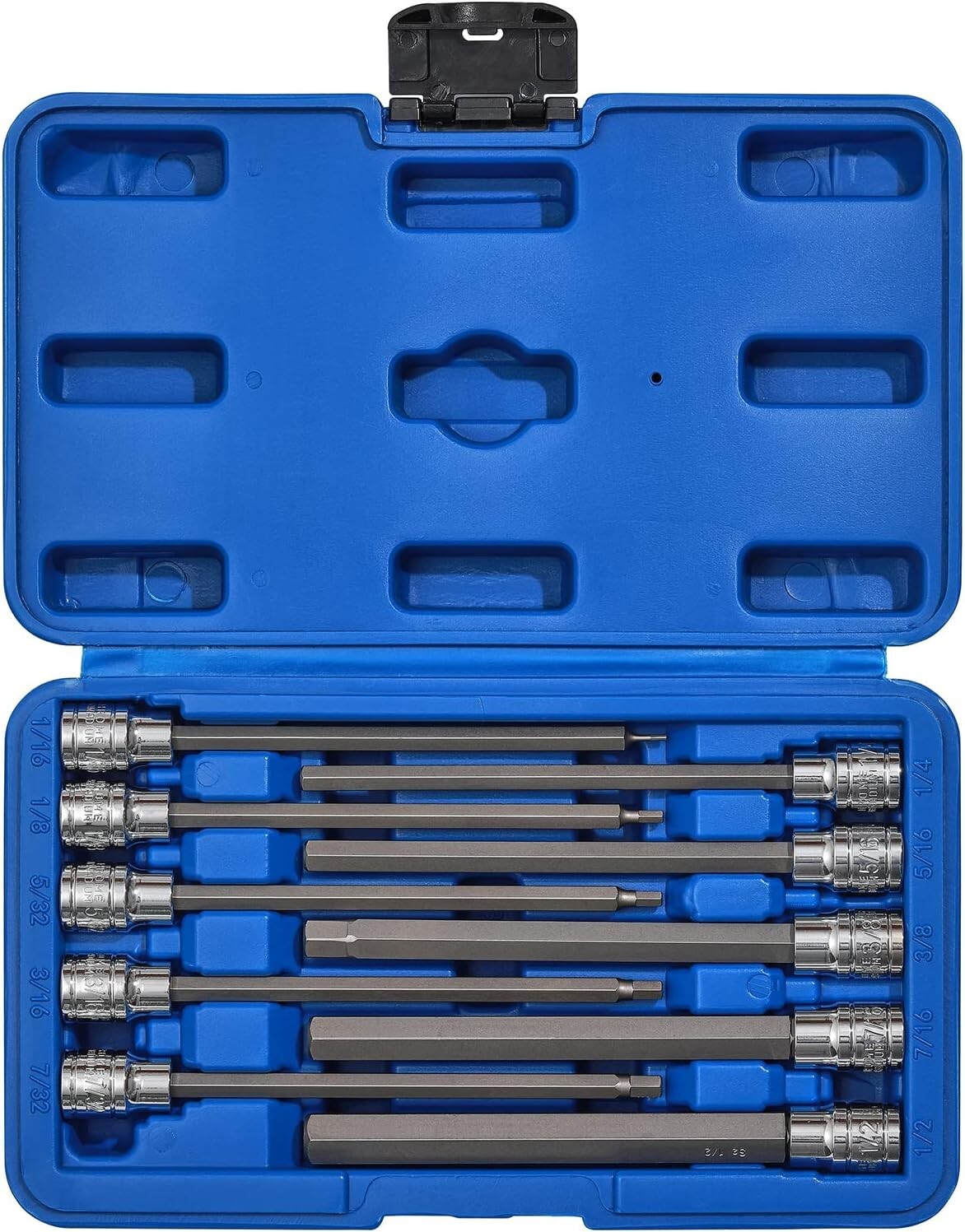 10pcs 3/8″ Drive Long Hex Bit Set 1/16 Inch to 1/2 Inch Socket Set CR-V and S2