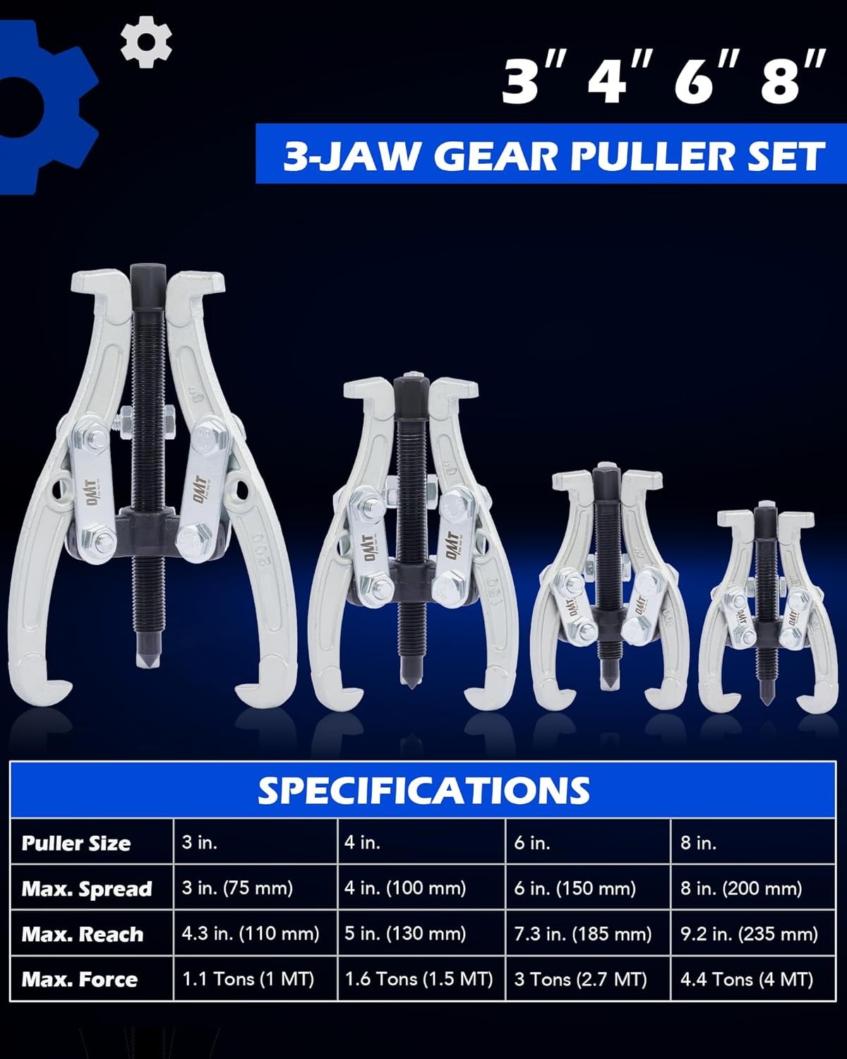 4Pc 3 Jaw Gear Puller Set 3″ 4″ 6″ 8″ Bearing Pulley Flywheel Removal Tool