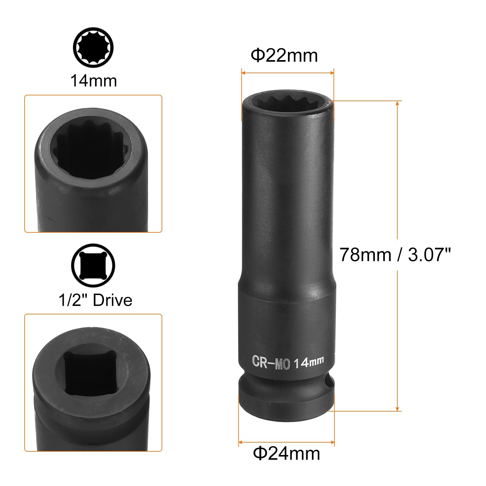 HARFINGTON 12-Point Deep Impact Socket 1/2 Inch Drive 14mm Metric Chrome