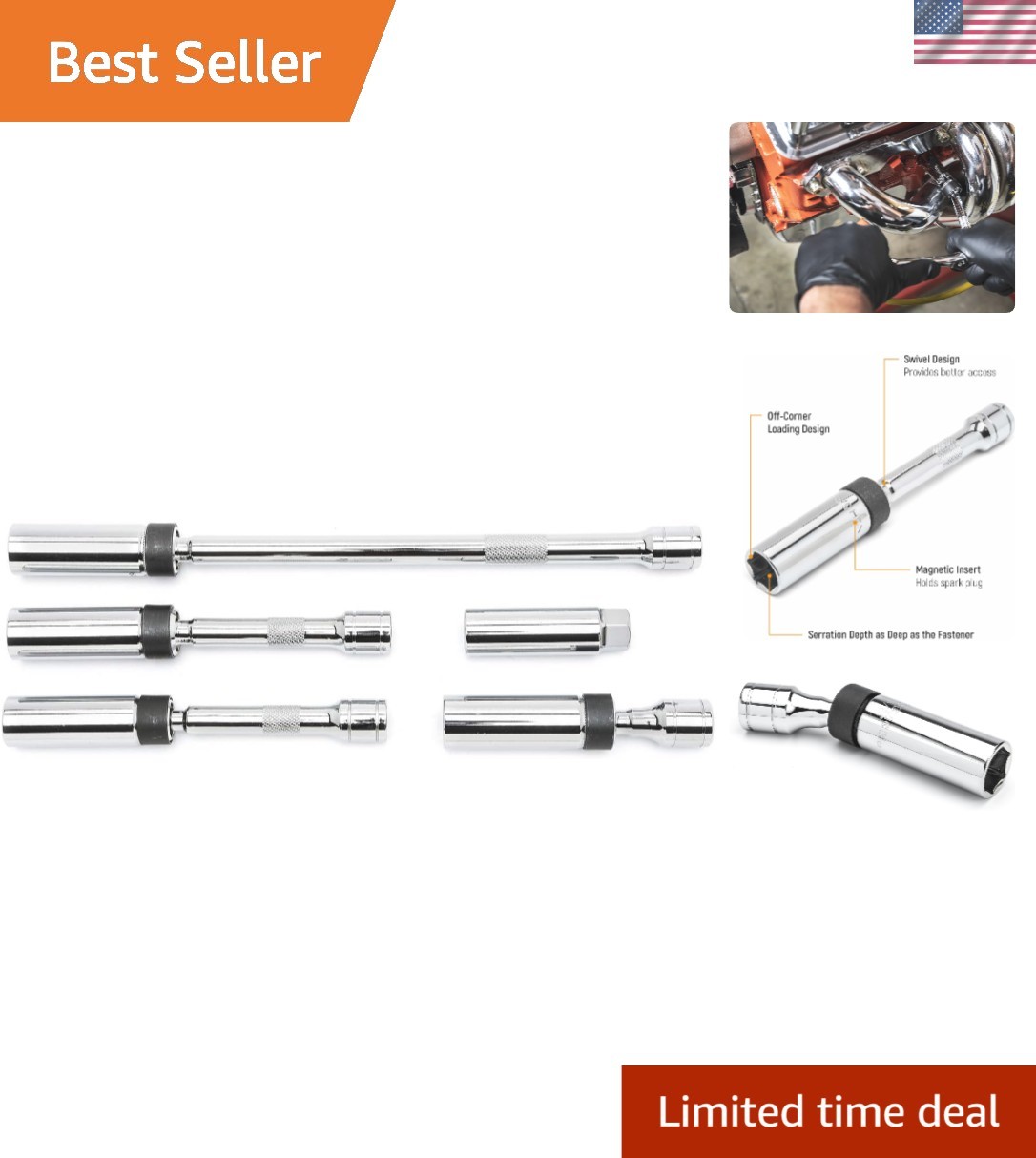 Durable 5-Piece 3/8″ Drive Swivel Spark Plug Socket Set with Magnetic Design