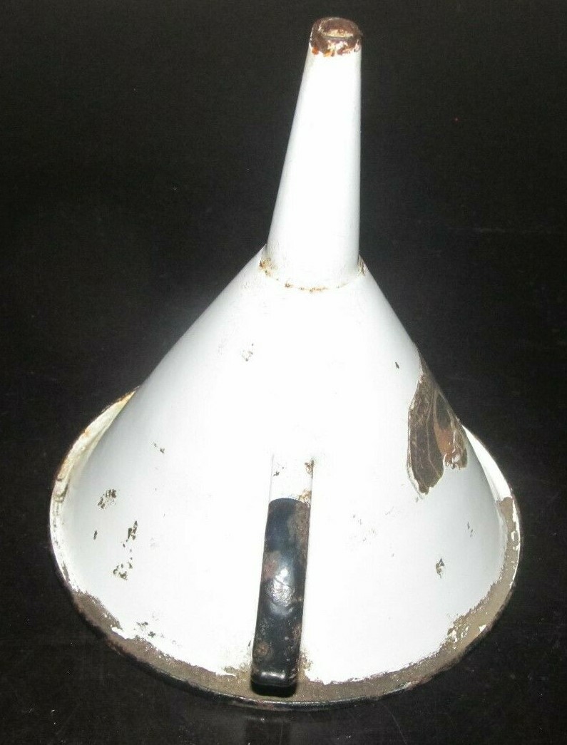 Vintage PRIMITIVE Small White & Black ENAMEL GRANITEWARE Funnel Partial Tag Oil