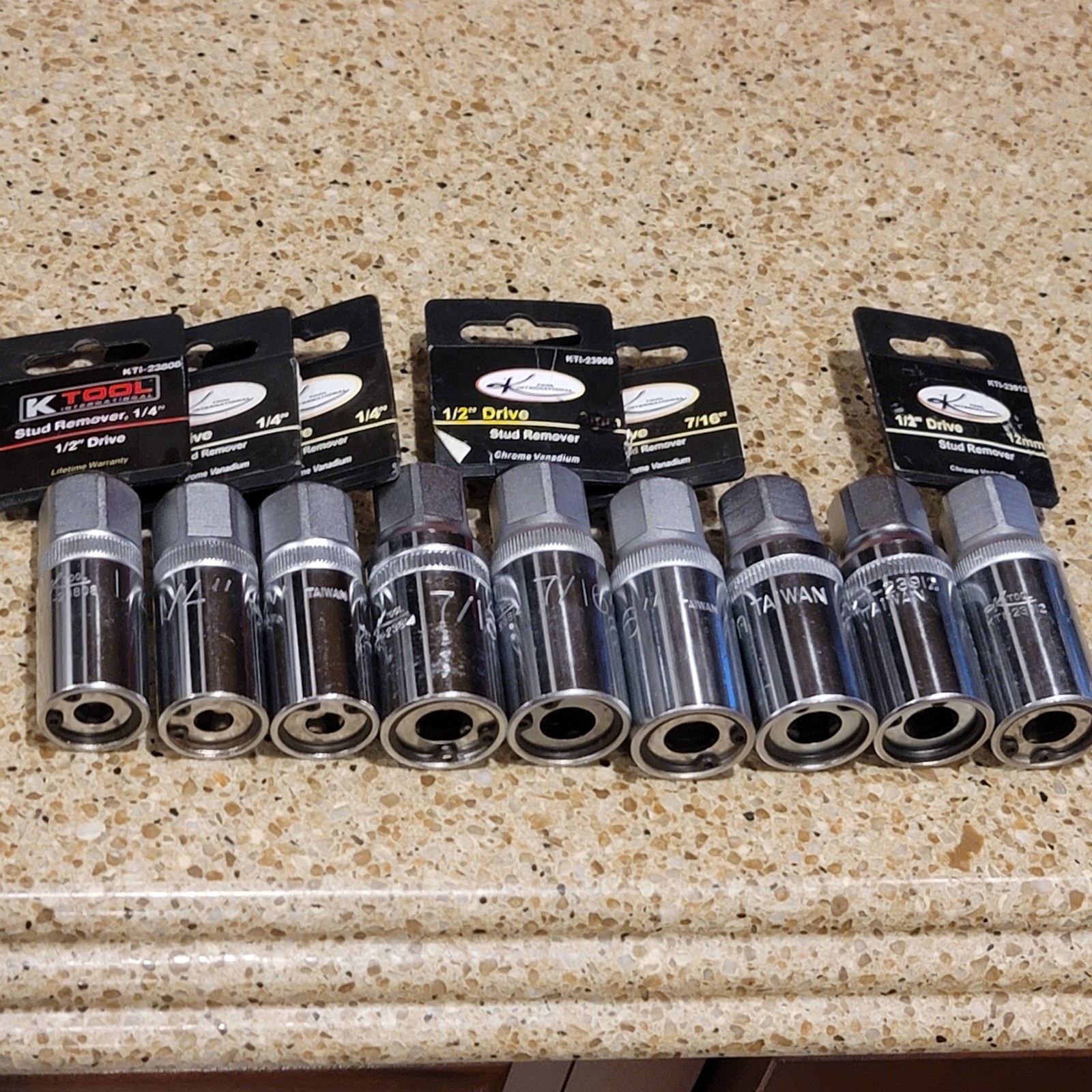 K TOOL STUD REMOVER SOCKETS RANDOM SIZES 1/2″ DRIVE 1/4″, 7/16″, 10mm, 12mm NOS