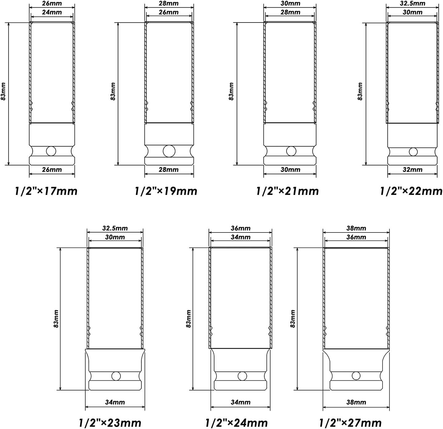1/2″ Drive Thin Wall Deep Impact Socket Set – 17mm to 27mm, Non-Marring