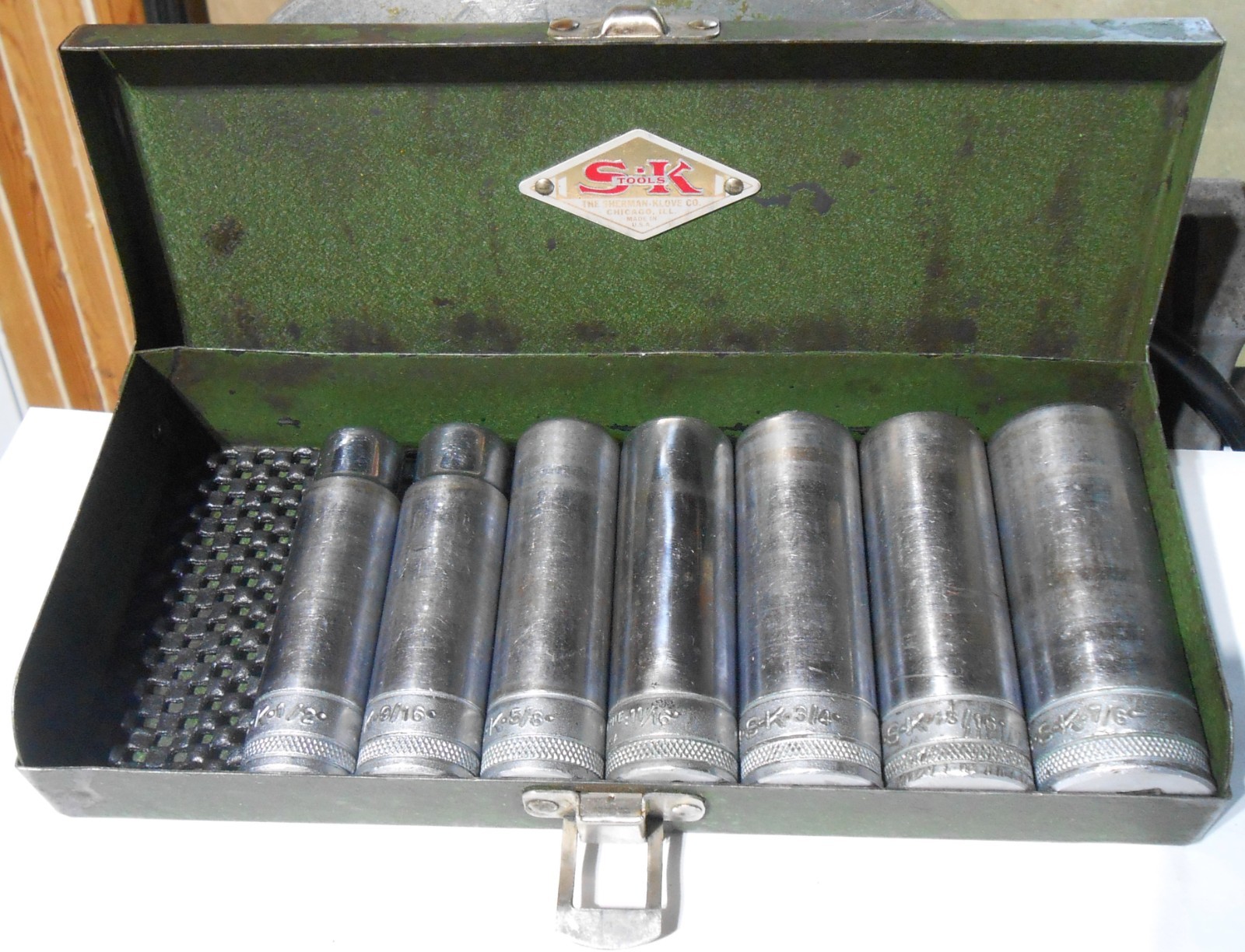 Vintage SK 1/2″ Drive Deep Knurled Socket Set 7pc + Box Sherman Klove S-K USA