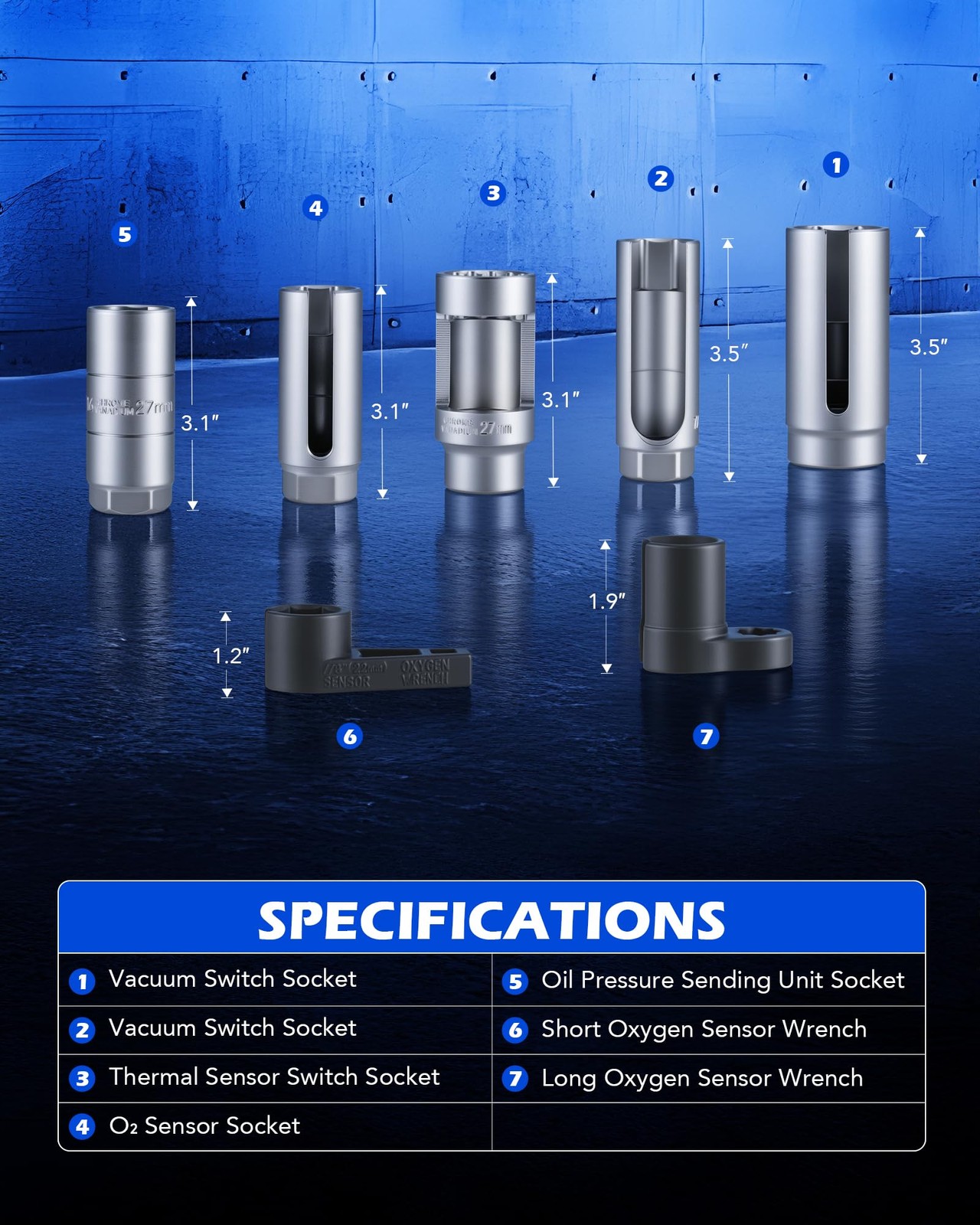 Orion Motor Tech 7pc Oxygen 22mm 27mm 29mm Sockets, Chrome, Black, Blue