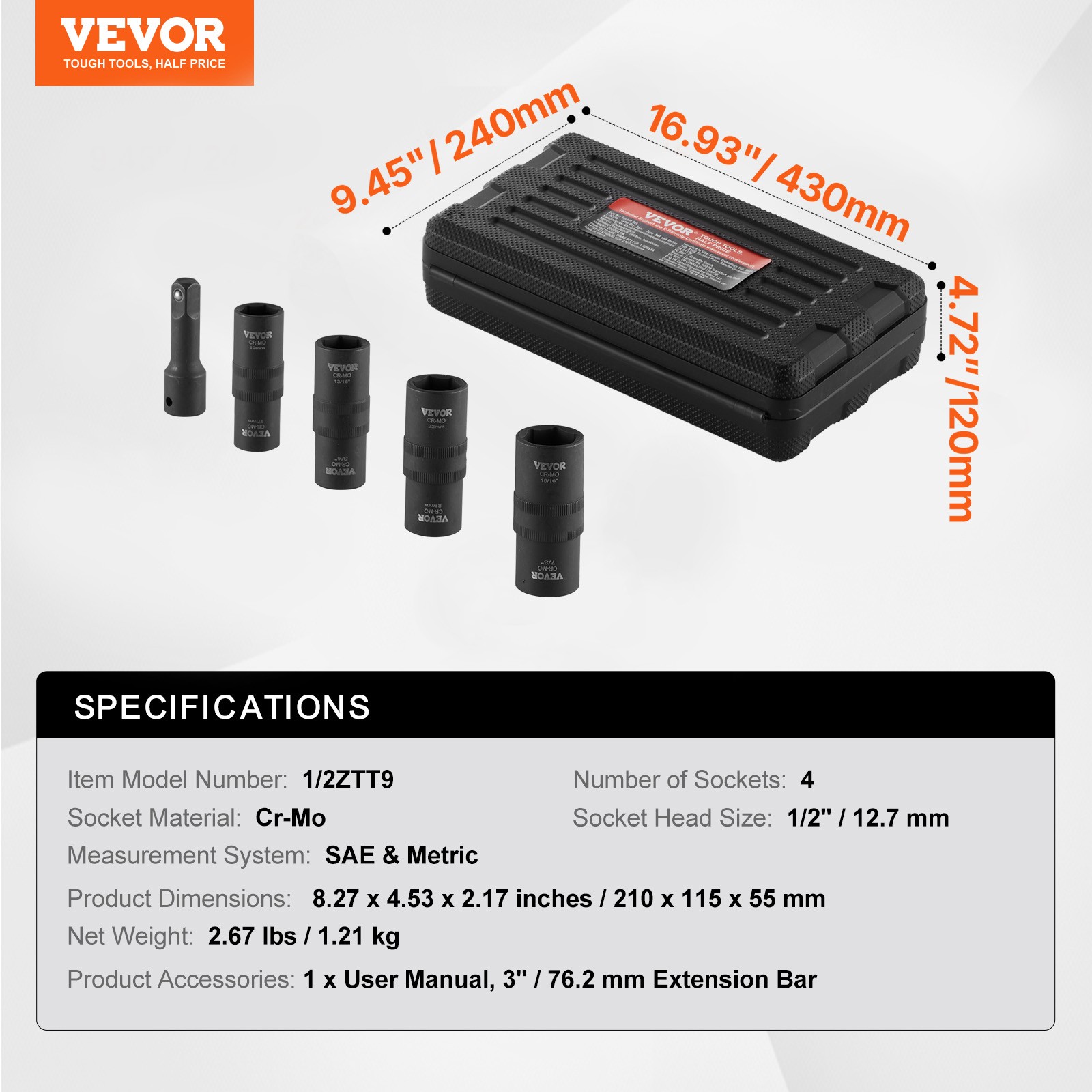 VEVOR Lug Nut Impact Socket Set 1/2 in Drive Metric and SAE 6-Point Flip Socket