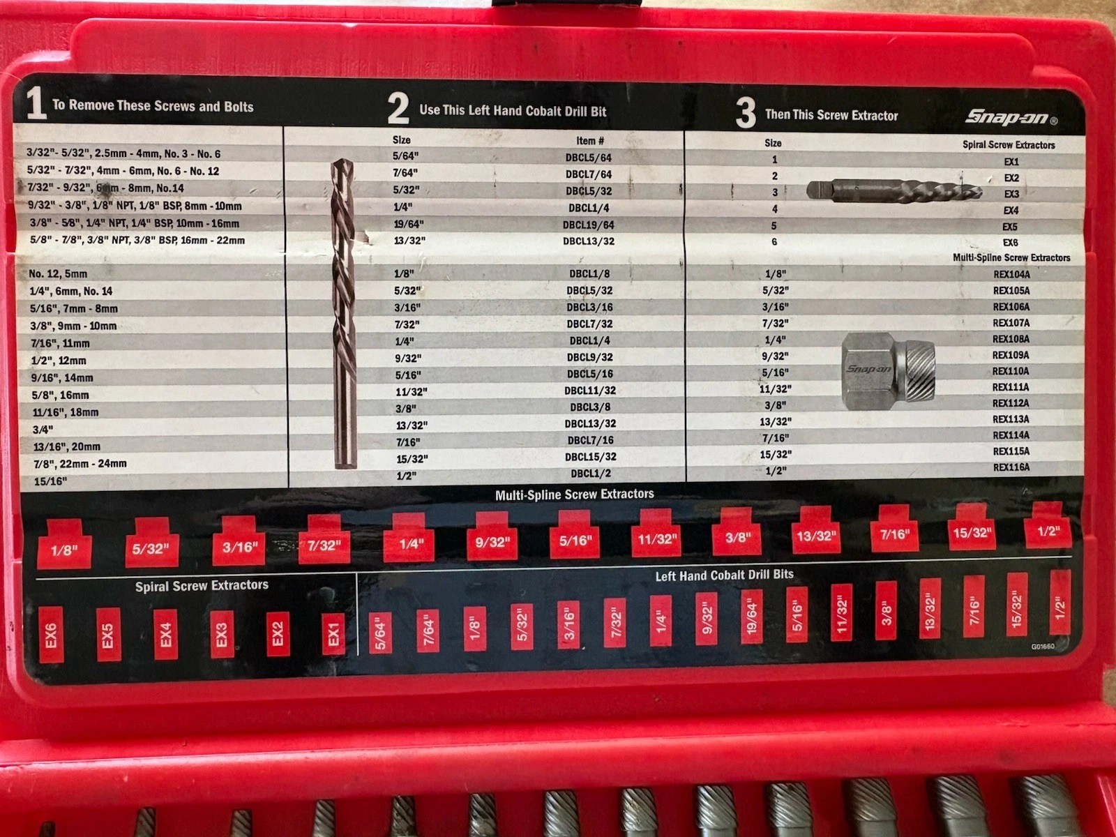 Snap-on™ EXD35A Multi-Spline Spiral Flute Extractor SET Left Hand Drill Bits Use