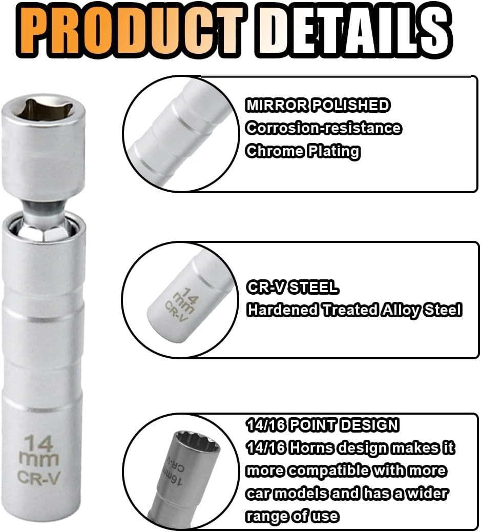 New 14MM Thin Wall Magnetic Swivel Spark Plug Socket 12-Point Removal Tool