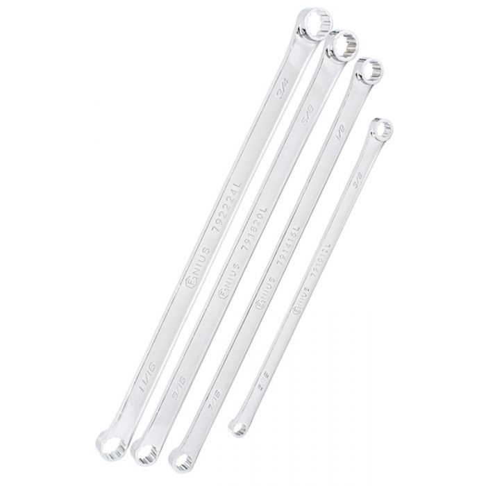 Genius Tools 4pc SAE Extra Long Box End Wrench Set Zero Degree Offset #DE-704S