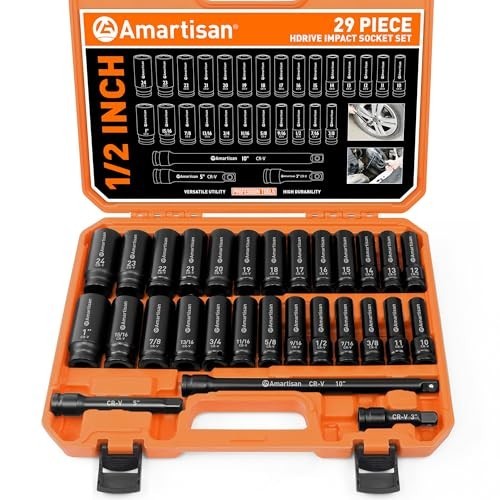 29-Piece 1/2″ Drive Impact Socket Set – 6 Point Cr-V Steel Sockets & Ratchet Han
