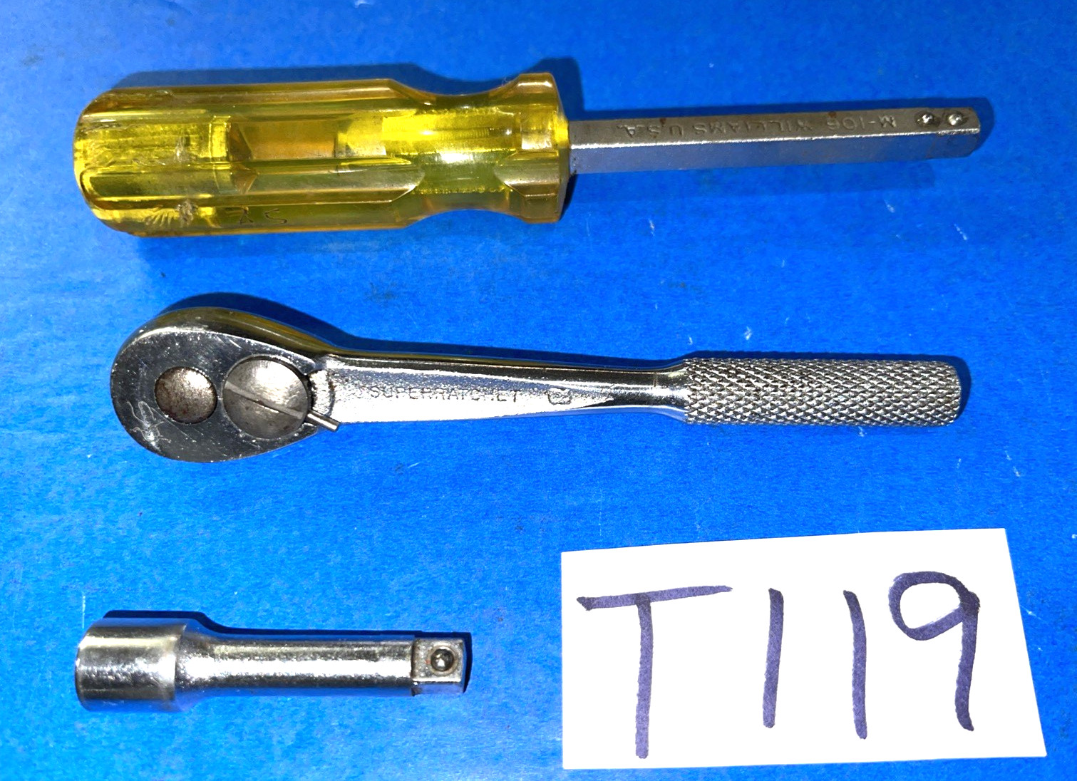 WILLIAMS CO TOOLS VINTAGE 3 PIECE 1/4 DRIVE SUPER RATCHET-EXTENSION-BIT DRIVER