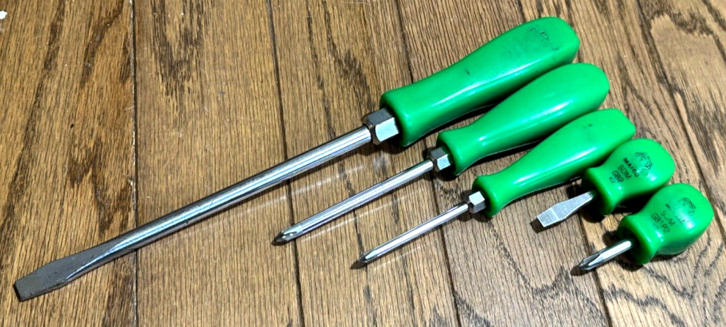 VTG Matco Tools Phillips Flat Standard Tip Screwdriver Set Lot Green Stubby Long