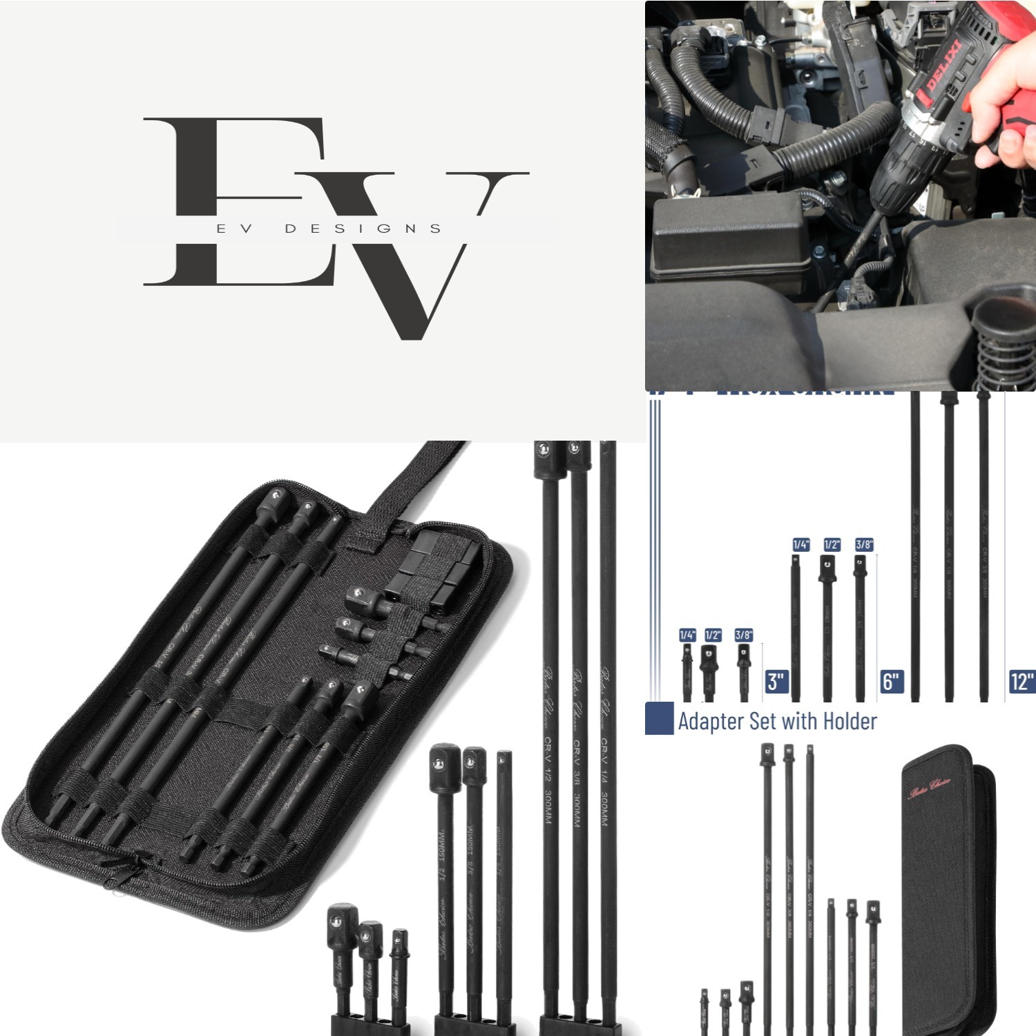 Durable Bates Socket Adapter Set: 9 Pieces in 3 Sizes | Black Oxford Storage Bag
