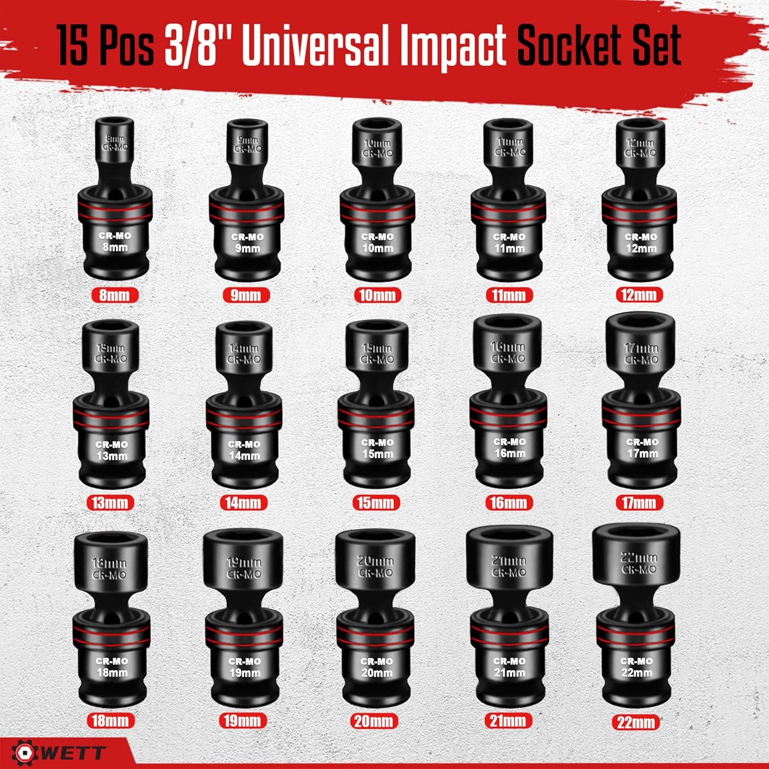 15PCS 3/8″ Drive Impact Socket Set Metric (8-22mm) CR-MO Wobble Swivel Sockets