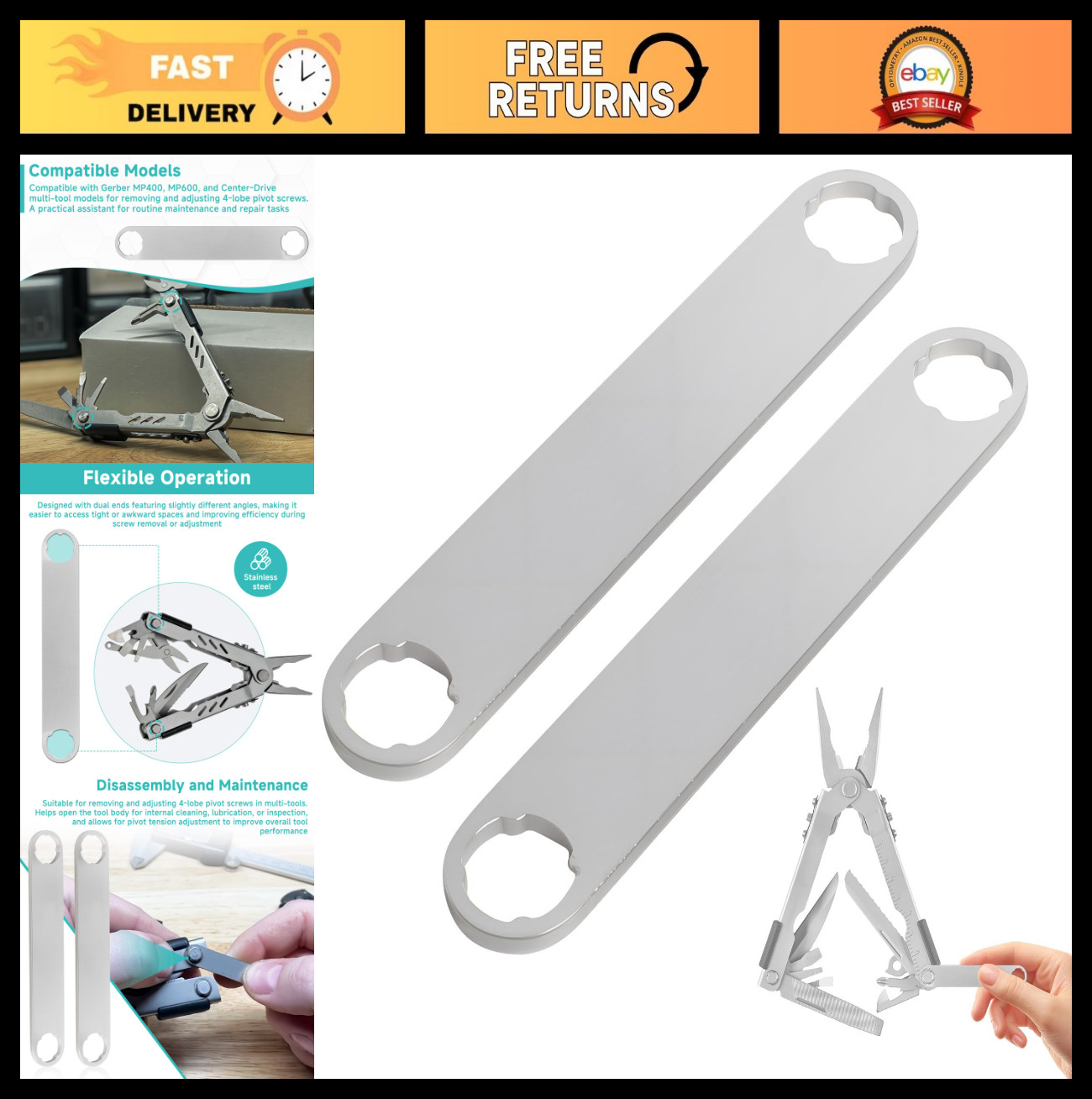 2-Pack 4-Lobe Flat Wrench Set for Multi-Tools, Pivot Screw Removal, Dual-End Sta