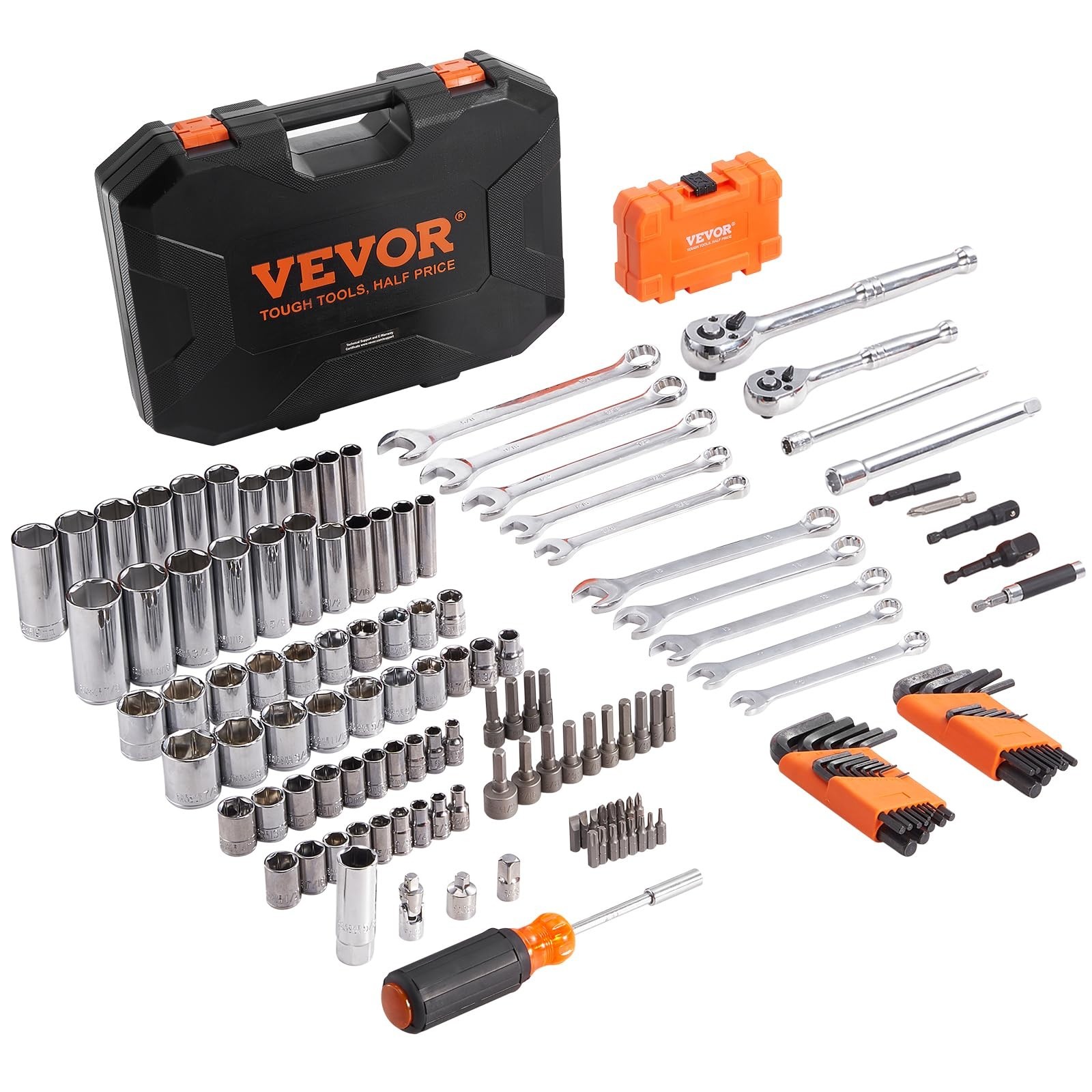 145 Pcs Mechanics Tool Set – SAE & Metric Sockets, Wrenches, Bits, Storage Case