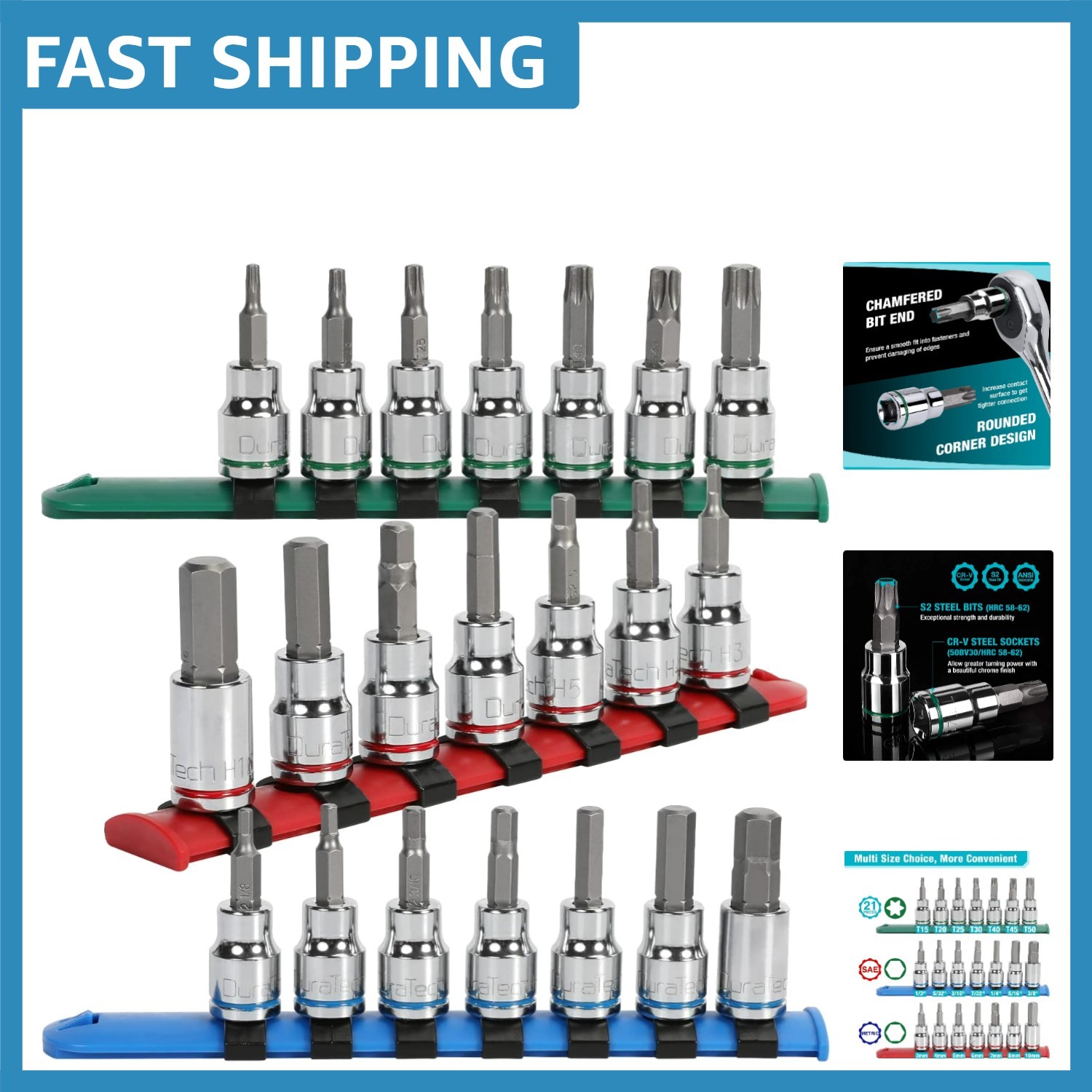 Superior Torque 21-Piece Chrome Plated Socket Set with S2 Bits – 3/8» Drive