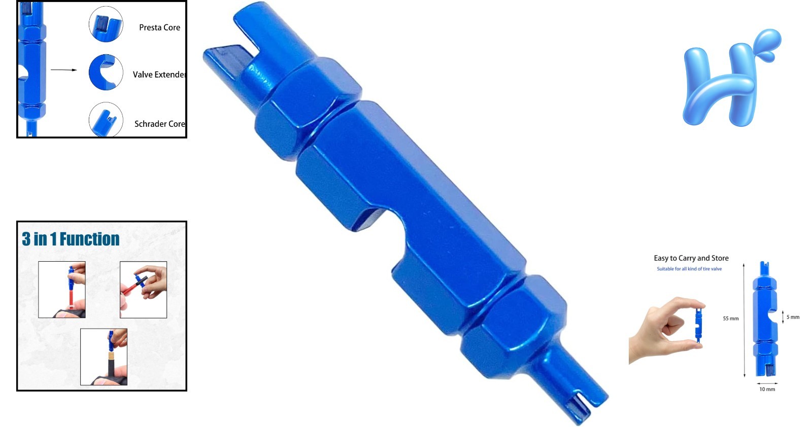 3-in-1 Valve Core Remover Tool for Presta & Schrader Tires – Compact Blue Design